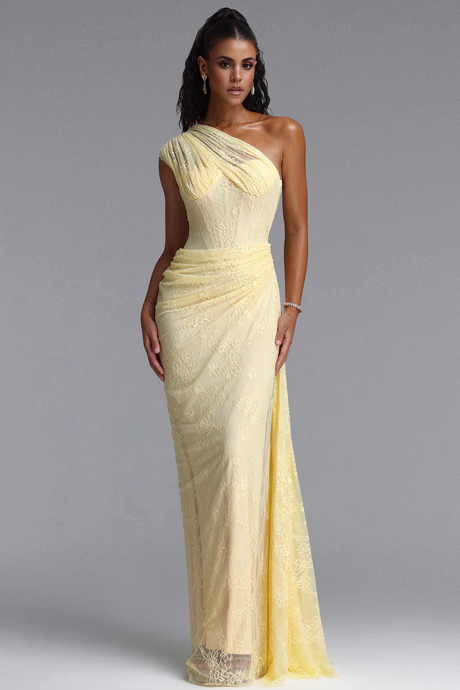 Finch Romantic Contour Sleeveless Ruched Lace Knit Yellow Maxi Dress