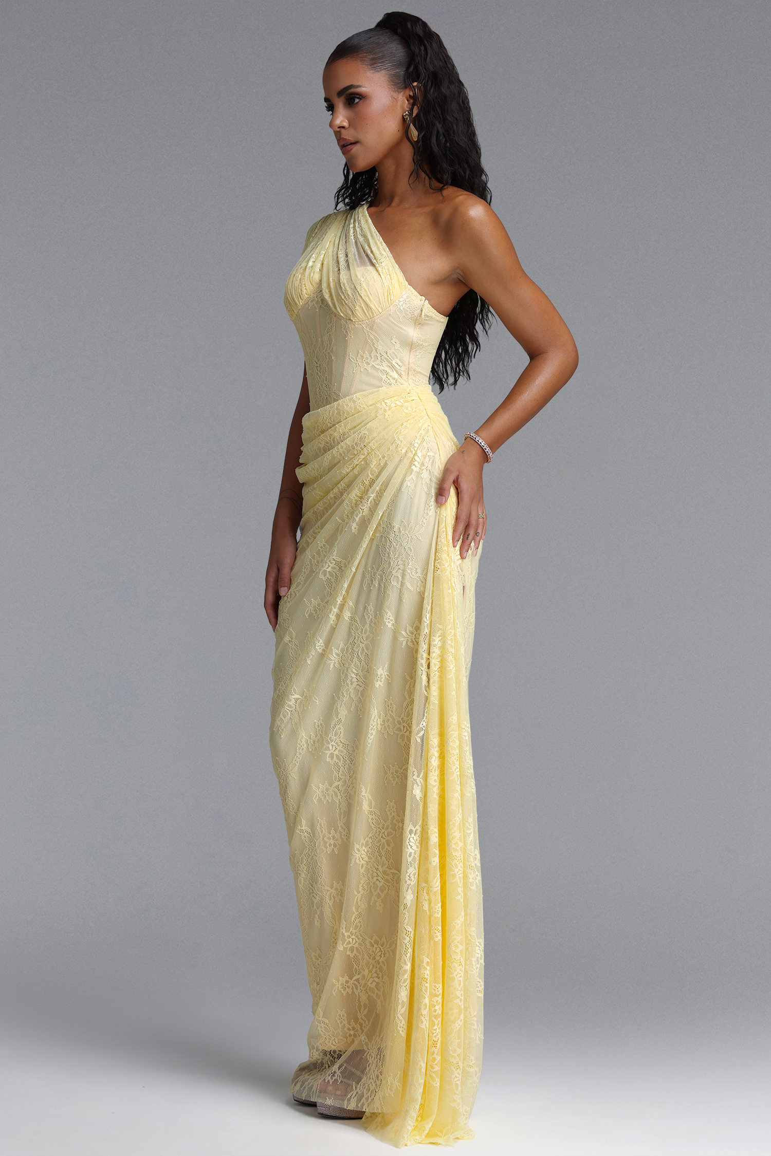 Finch Romantic Contour Sleeveless Ruched Lace Knit Yellow Maxi Dress
