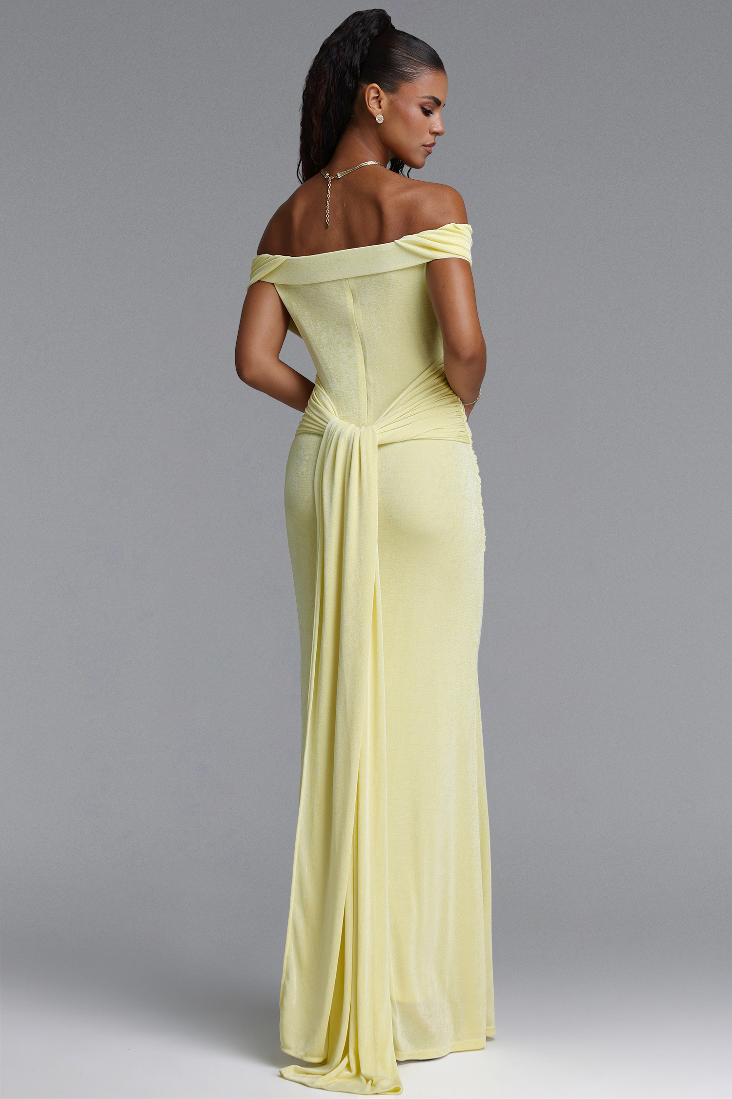 Slaia Minimalist Off Shoulder Diagonal Ruched Knit Yellow Maxi Dress