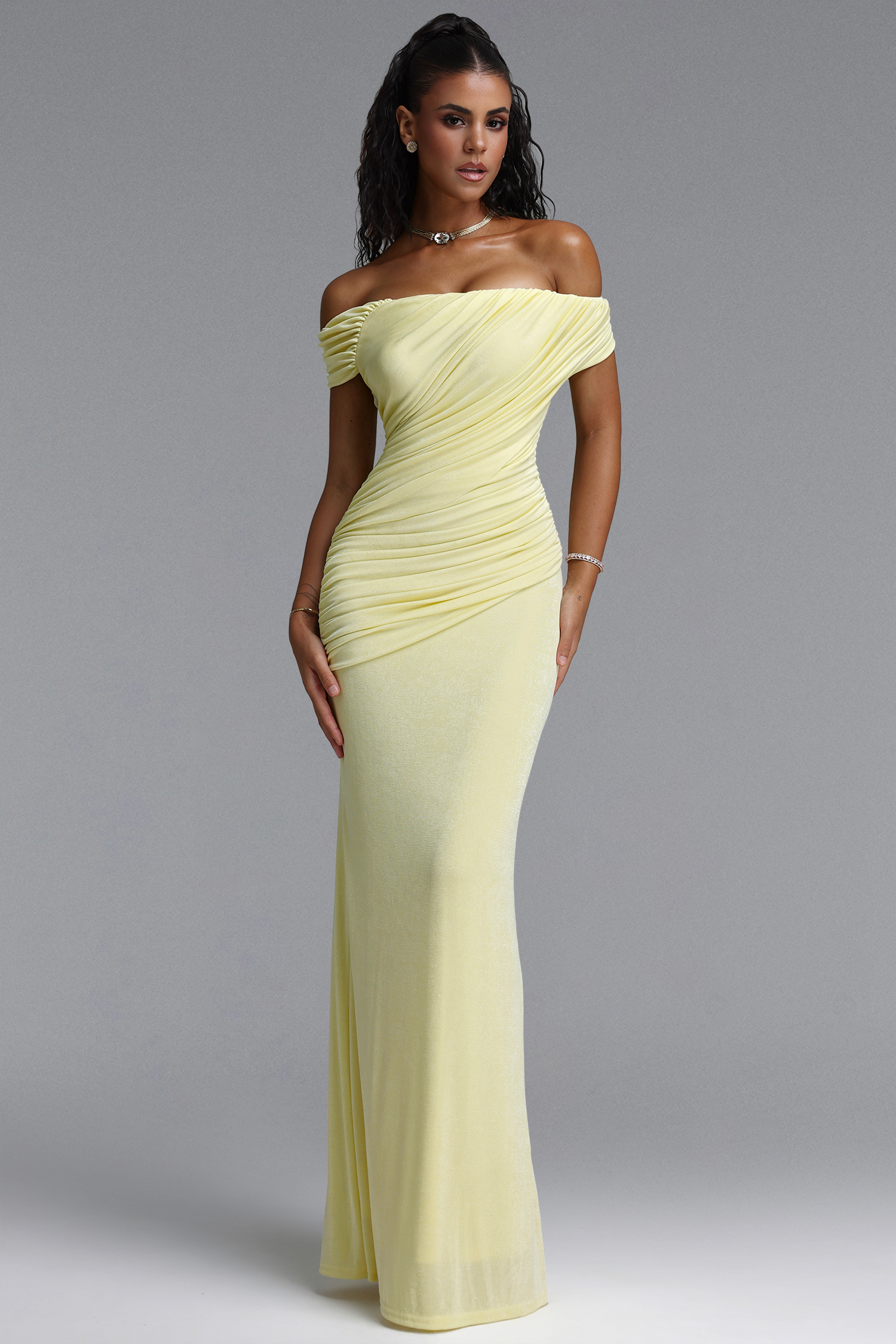 Slaia Minimalist Off Shoulder Diagonal Ruched Knit Yellow Maxi Dress