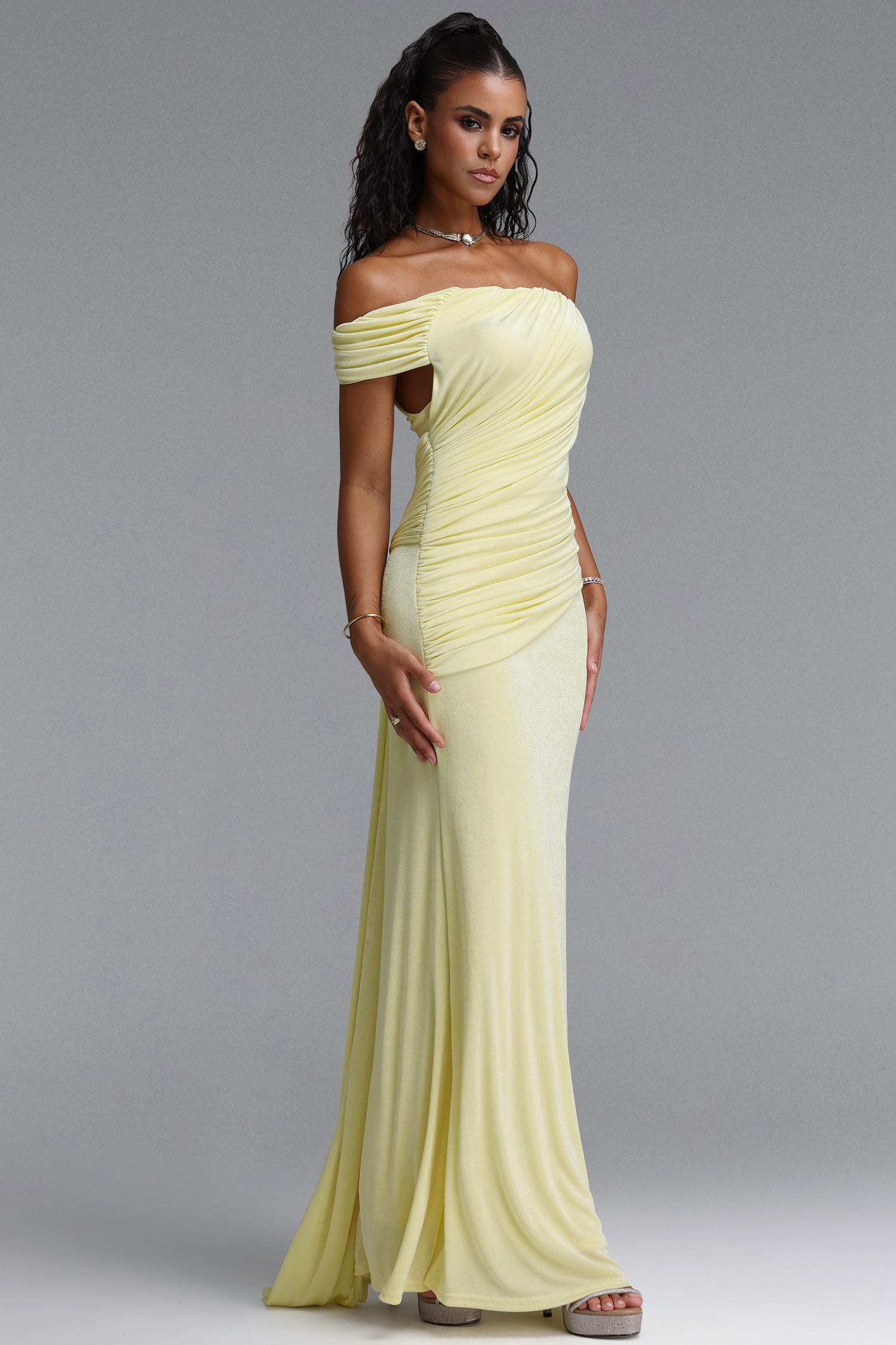 Slaia Minimalist Off Shoulder Diagonal Ruched Knit Yellow Maxi Dress