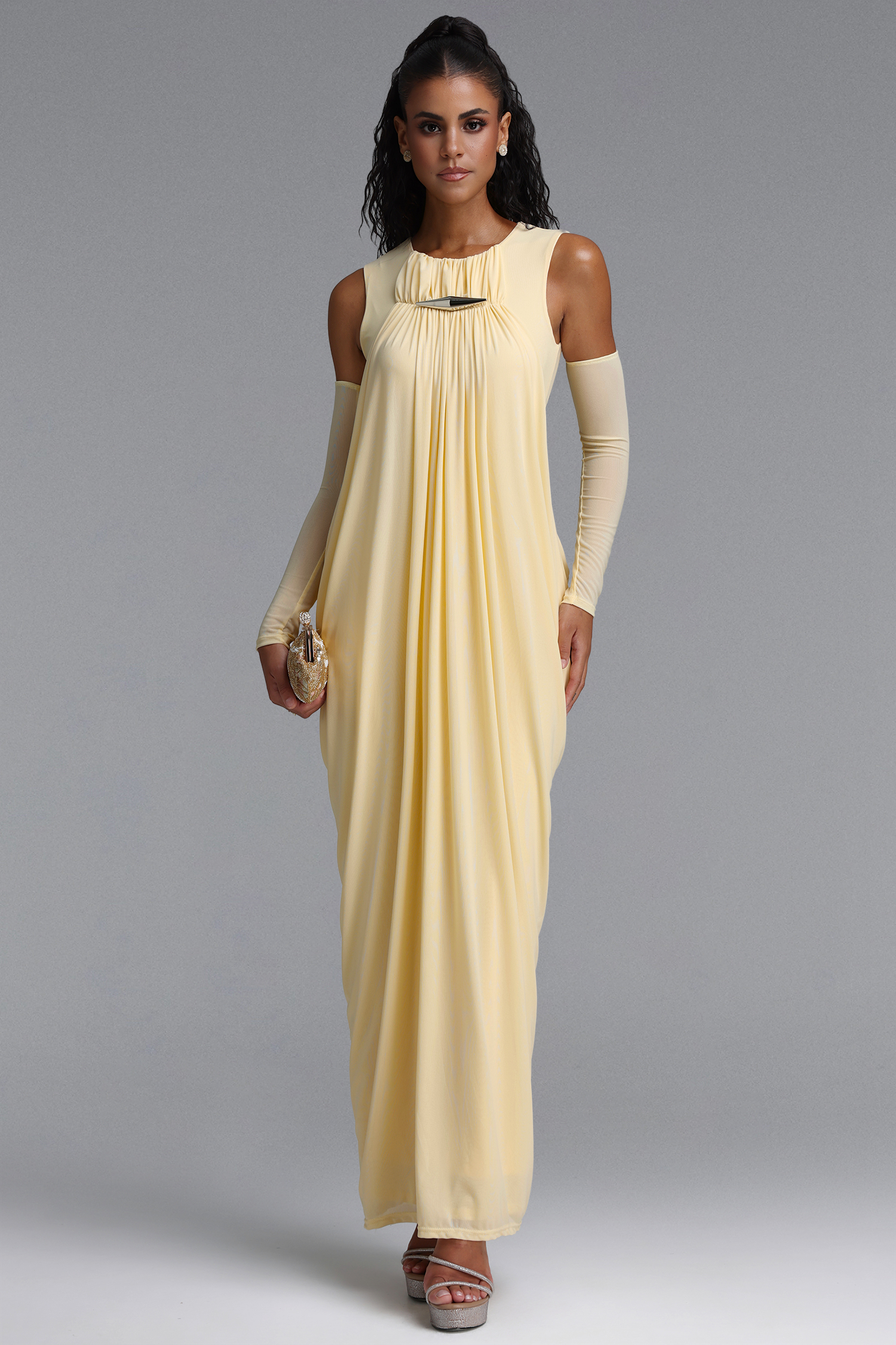 Marlene Minimalist Flowy Sleeveless Metal Trim Ruched Maxi Dress