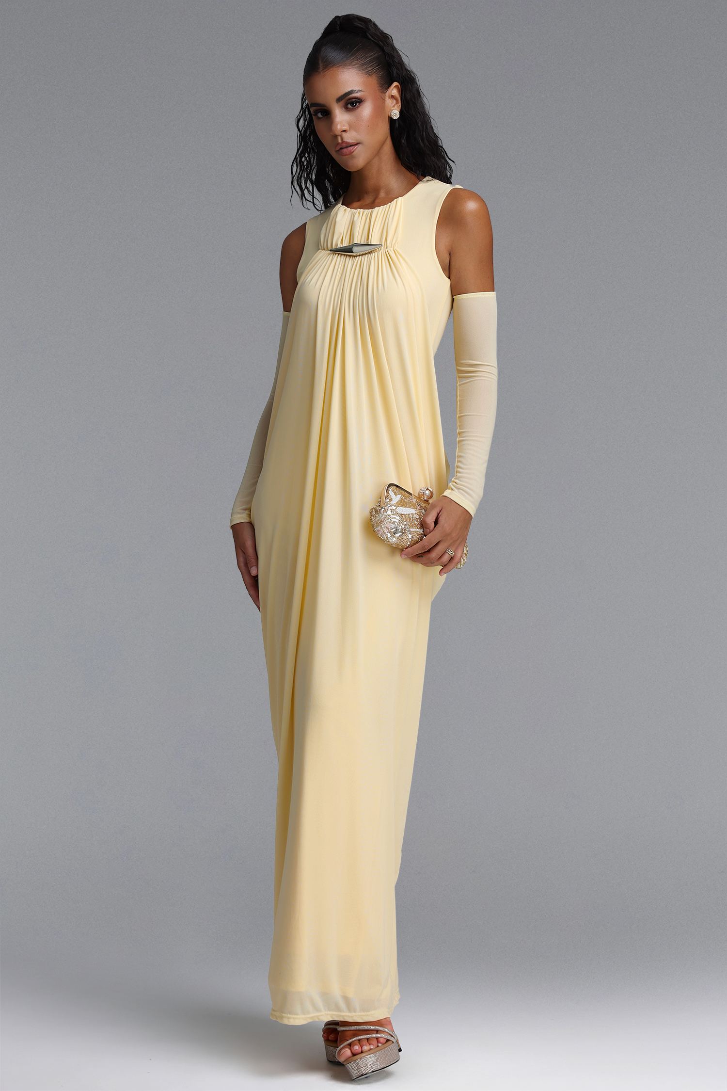 Marlene Minimalist Flowy Sleeveless Metal Trim Ruched Maxi Dress