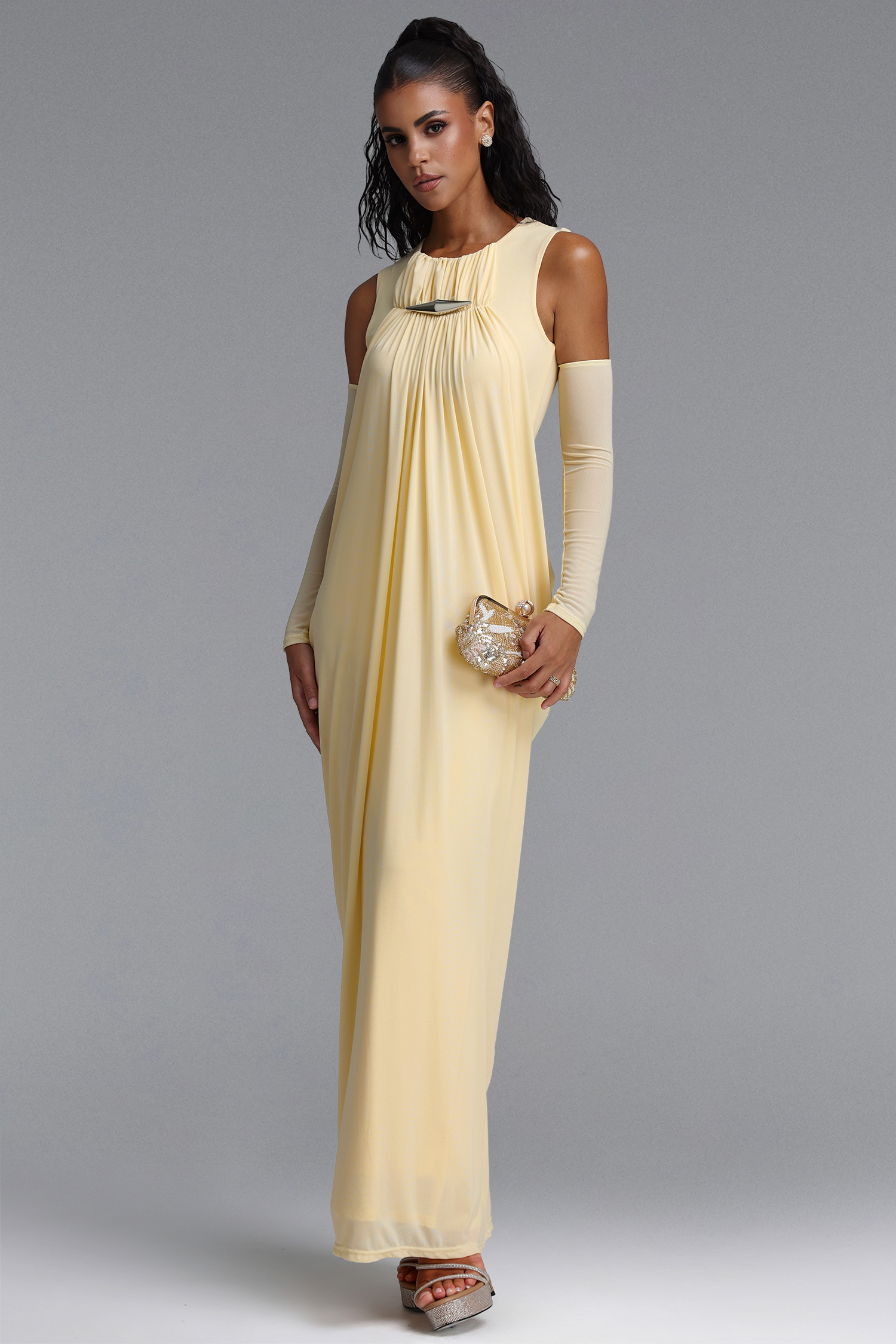 Marlene Minimalist Flowy Sleeveless Metal Trim Ruched Maxi Dress