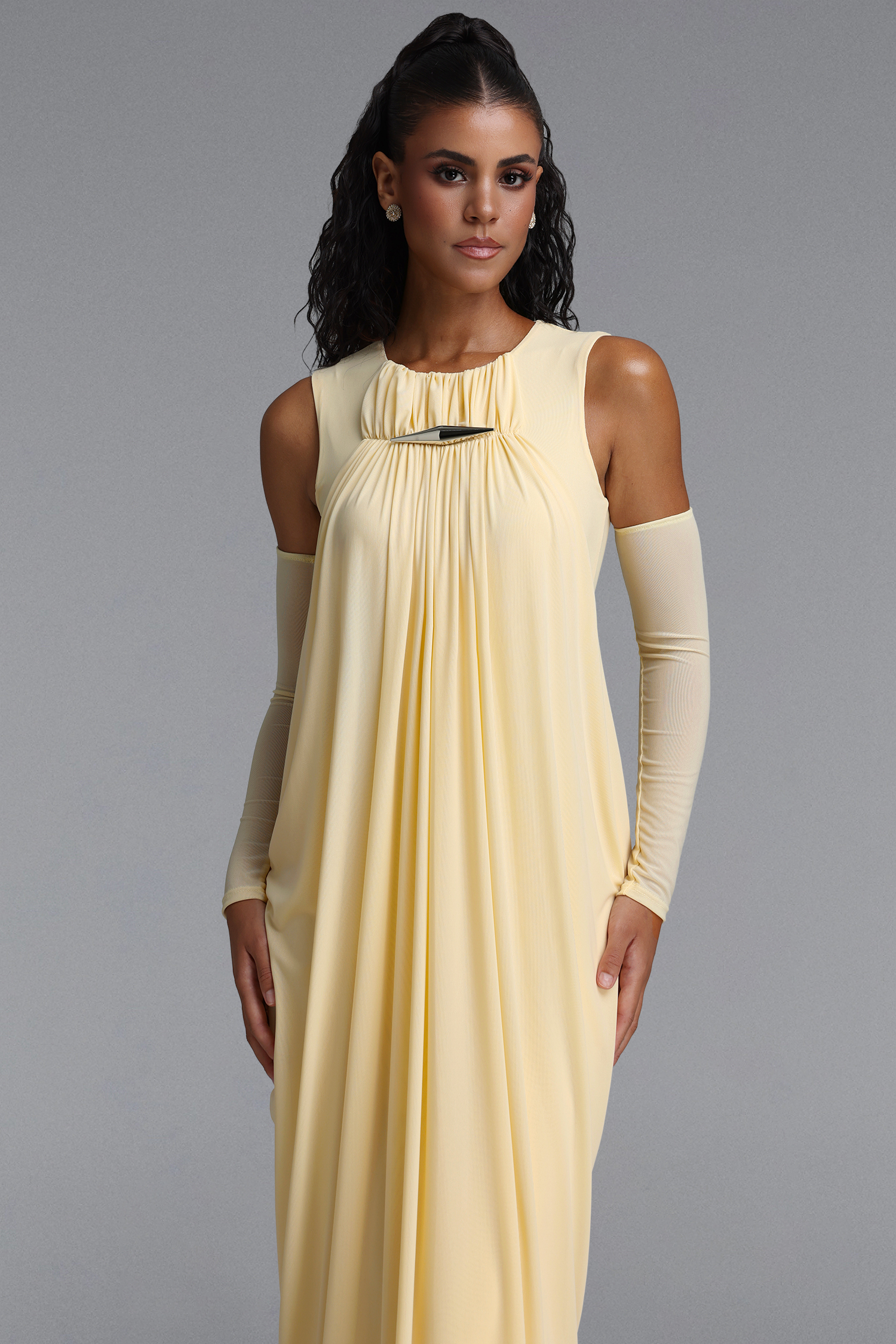 Marlene Minimalist Flowy Sleeveless Metal Trim Ruched Maxi Dress