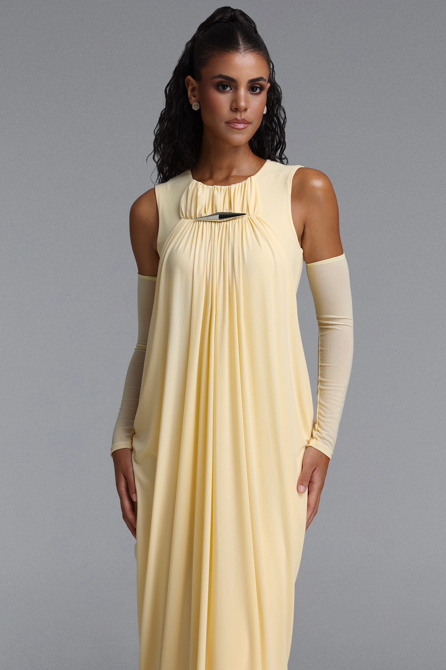 Marlene Minimalist Flowy Sleeveless Metal Trim Ruched Maxi Dress