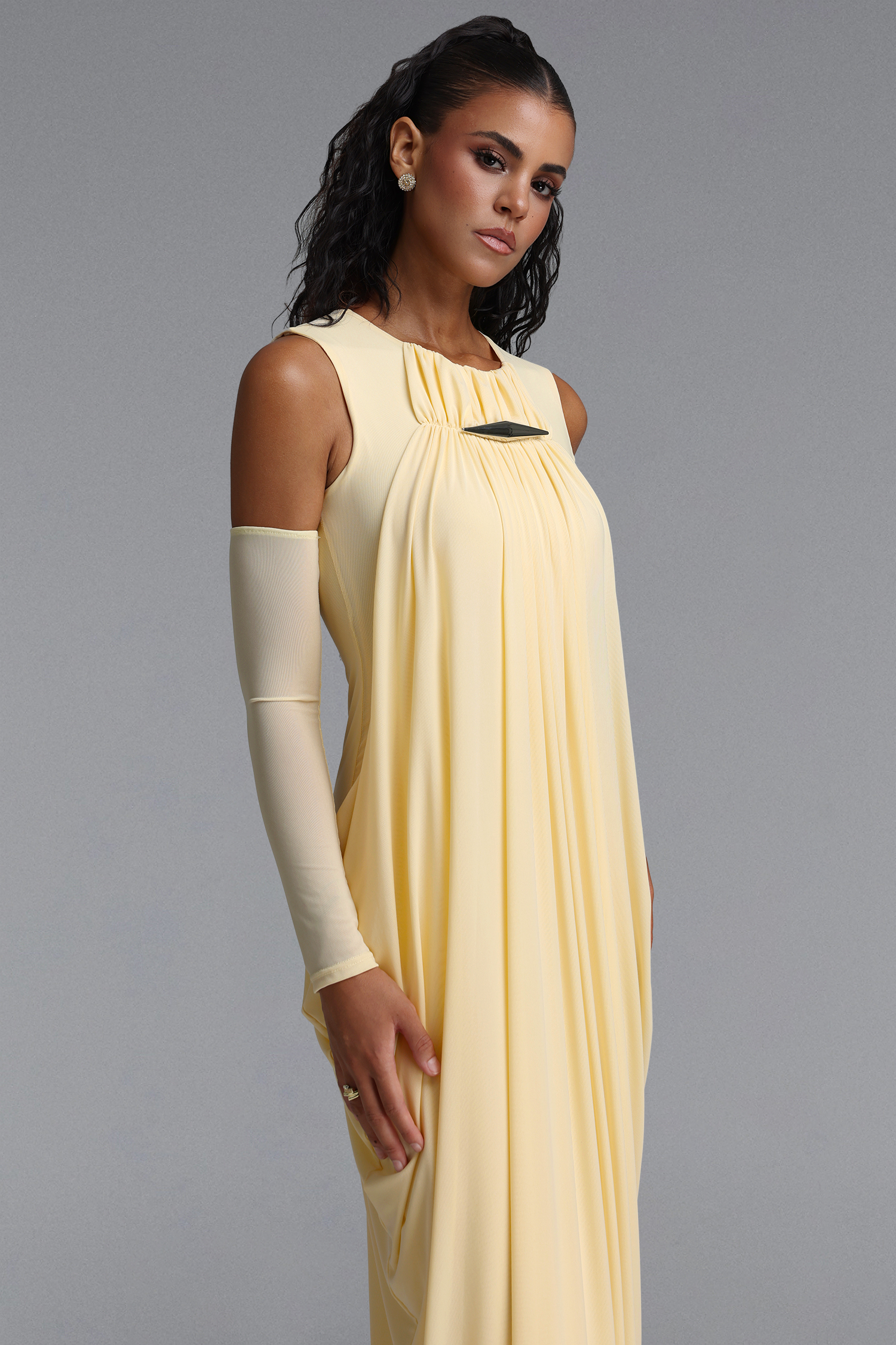 Marlene Minimalist Flowy Sleeveless Metal Trim Ruched Maxi Dress