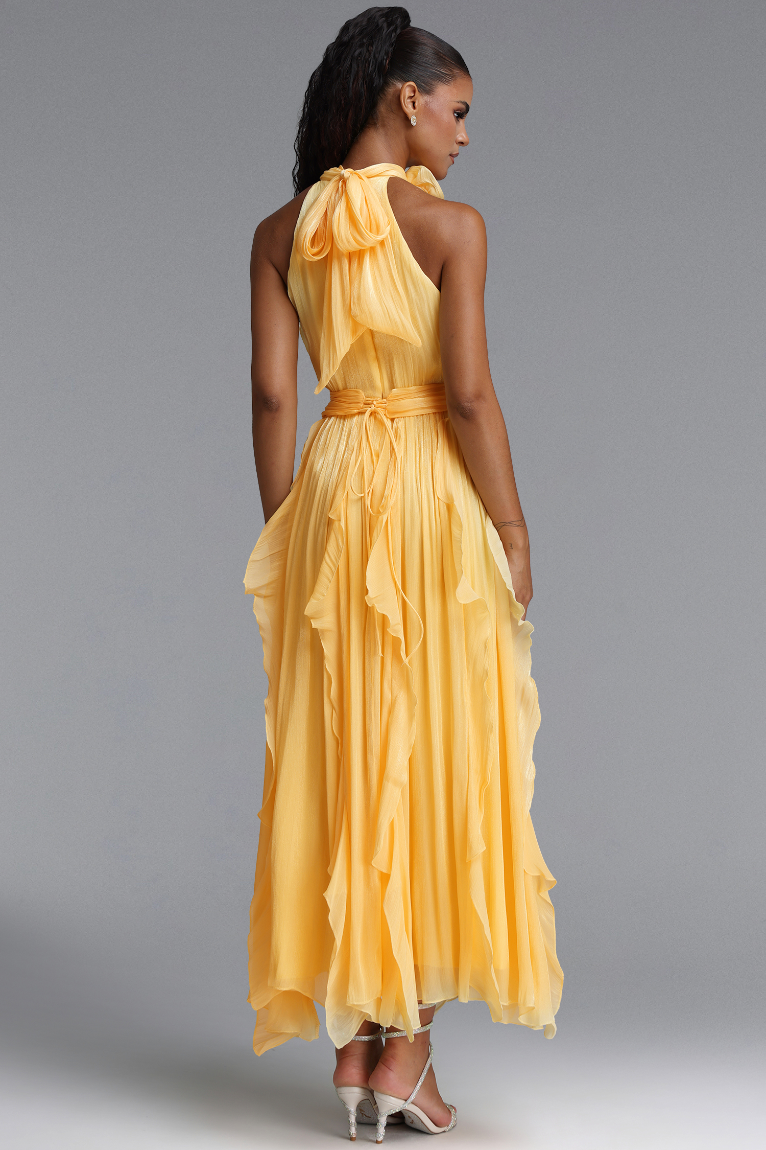 Uano Elegant Halter Rosette Tie Waist Ruffled Yellow Maxi Dress