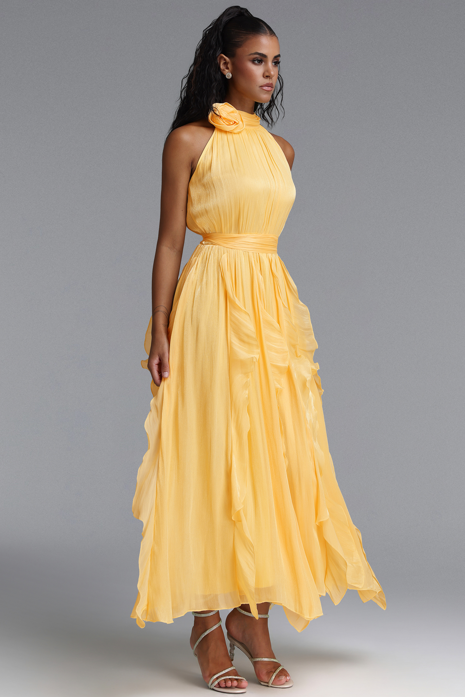 Uano Elegant Halter Rosette Tie Waist Ruffled Yellow Maxi Dress