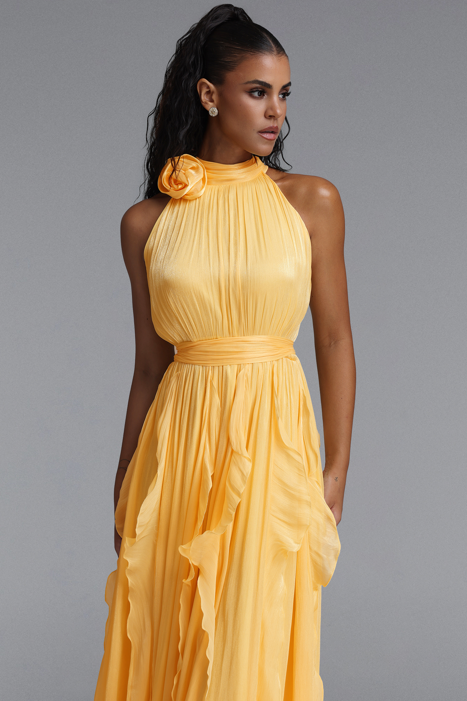 Uano Elegant Halter Rosette Tie Waist Ruffled Yellow Maxi Dress