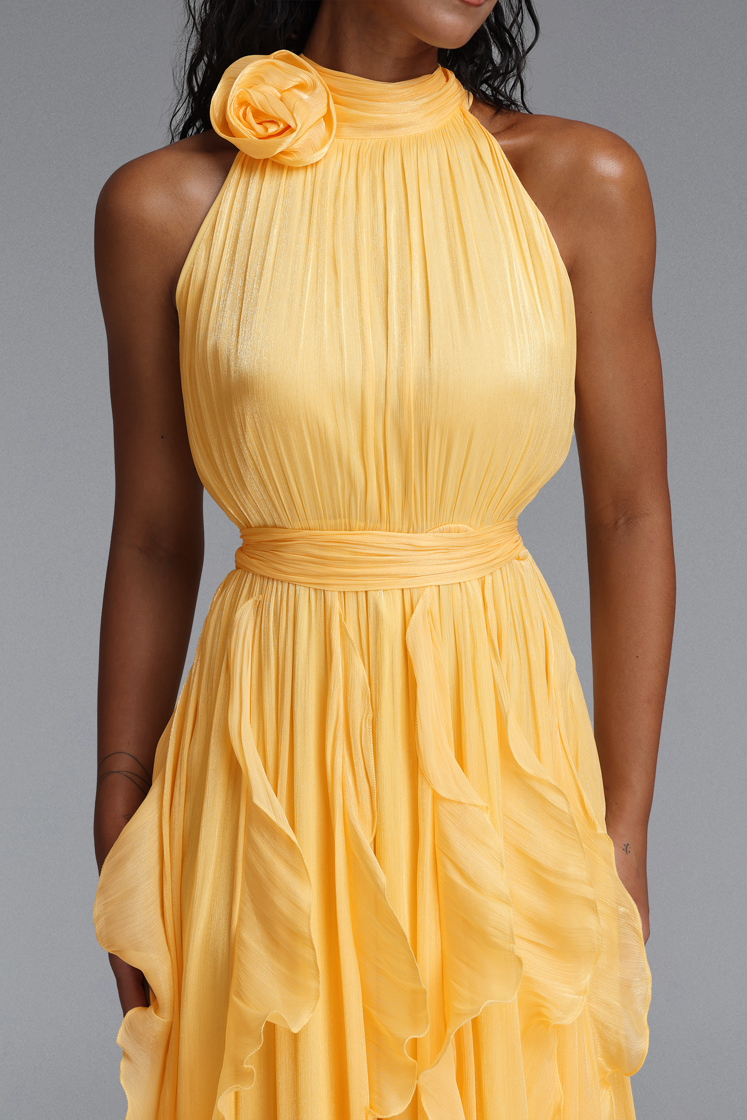 Uano Elegant Halter Rosette Tie Waist Ruffled Yellow Maxi Dress