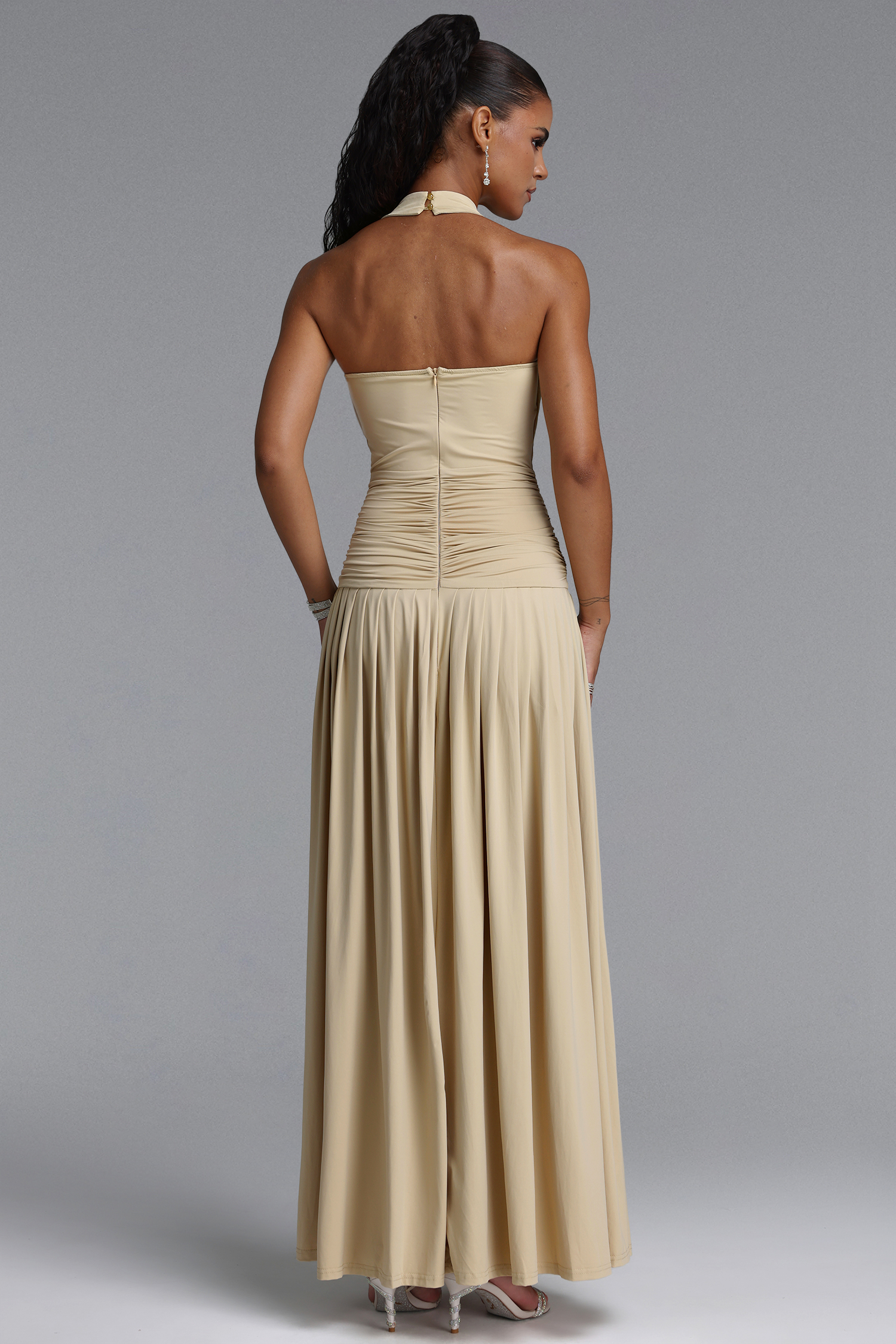Jolie Elegant Halter Sleeveless Ruched Knot Maxi Dress