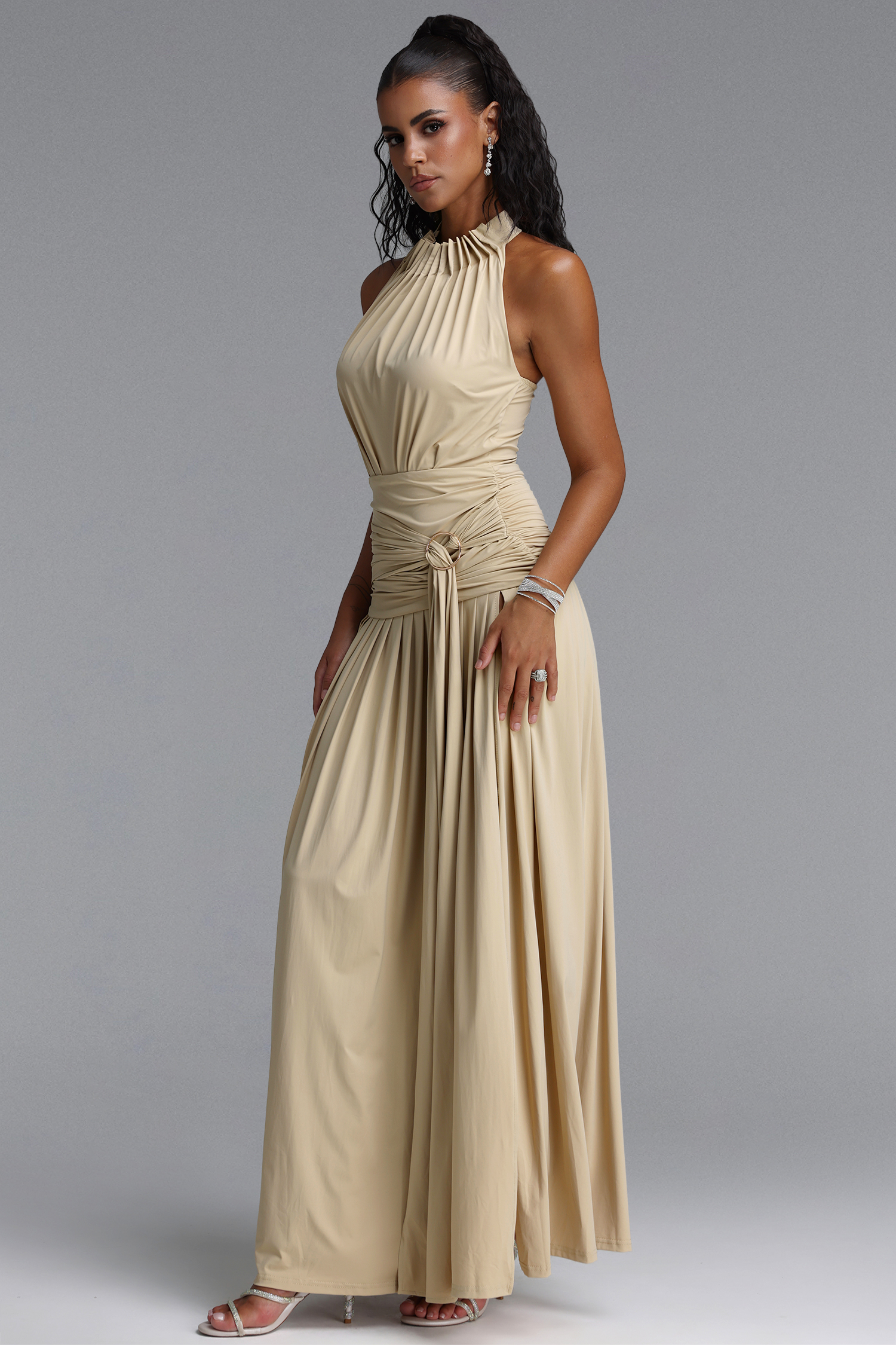 Jolie Elegant Halter Sleeveless Ruched Knot Maxi Dress