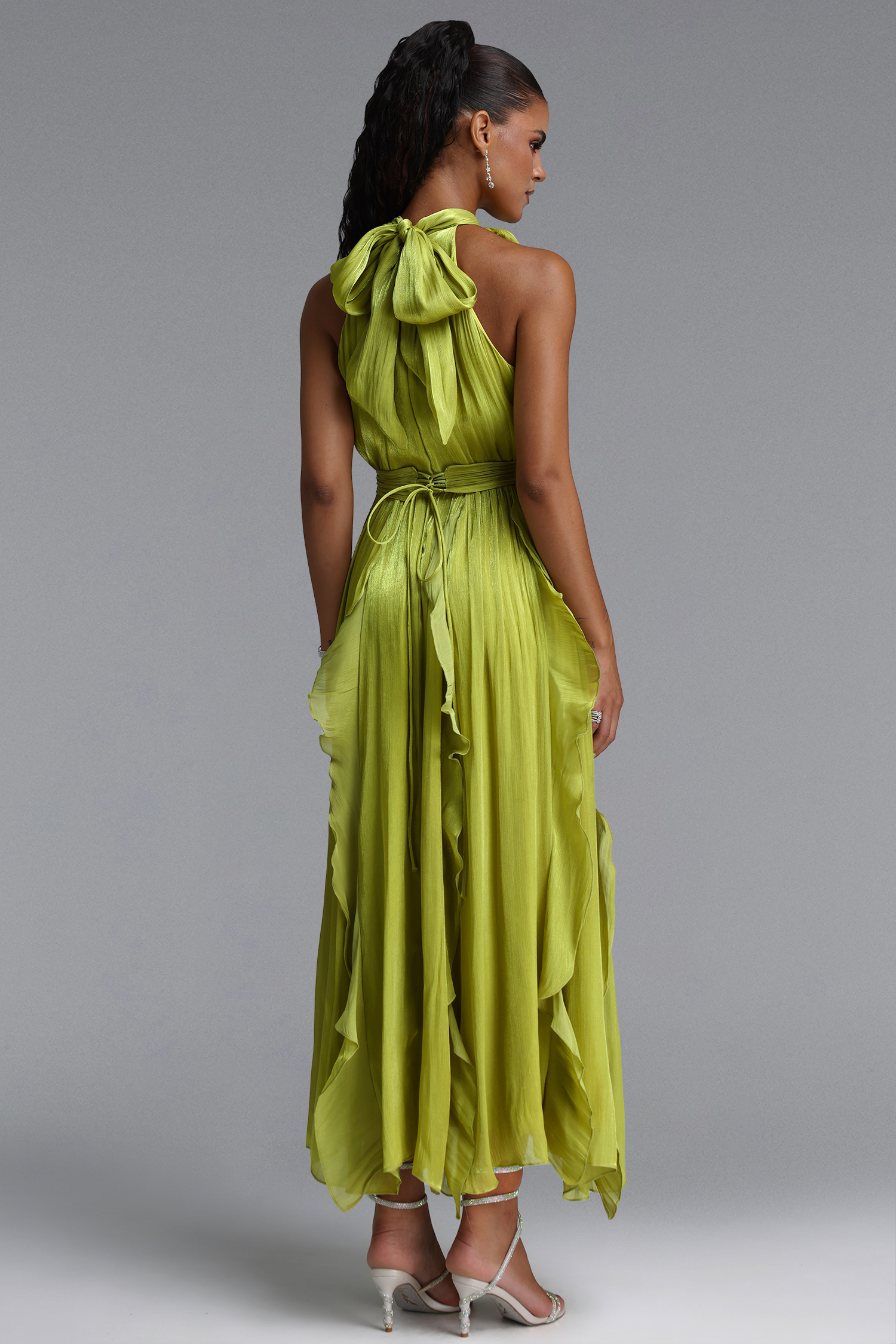 Uano Elegant Halter Rosette Tie Waist Ruffled Maxi Dress