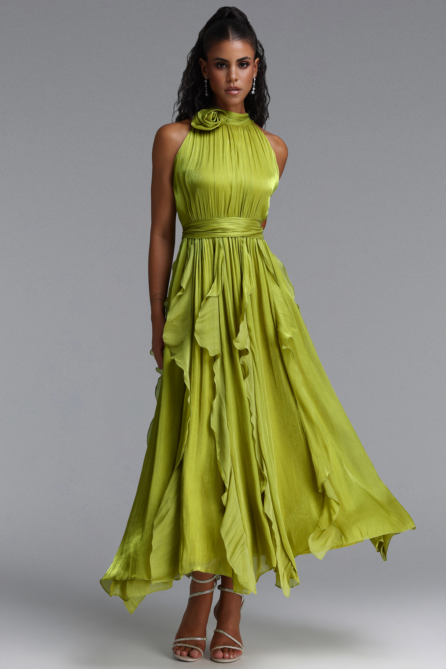 Uano Elegant Halter Rosette Tie Waist Ruffled Maxi Dress