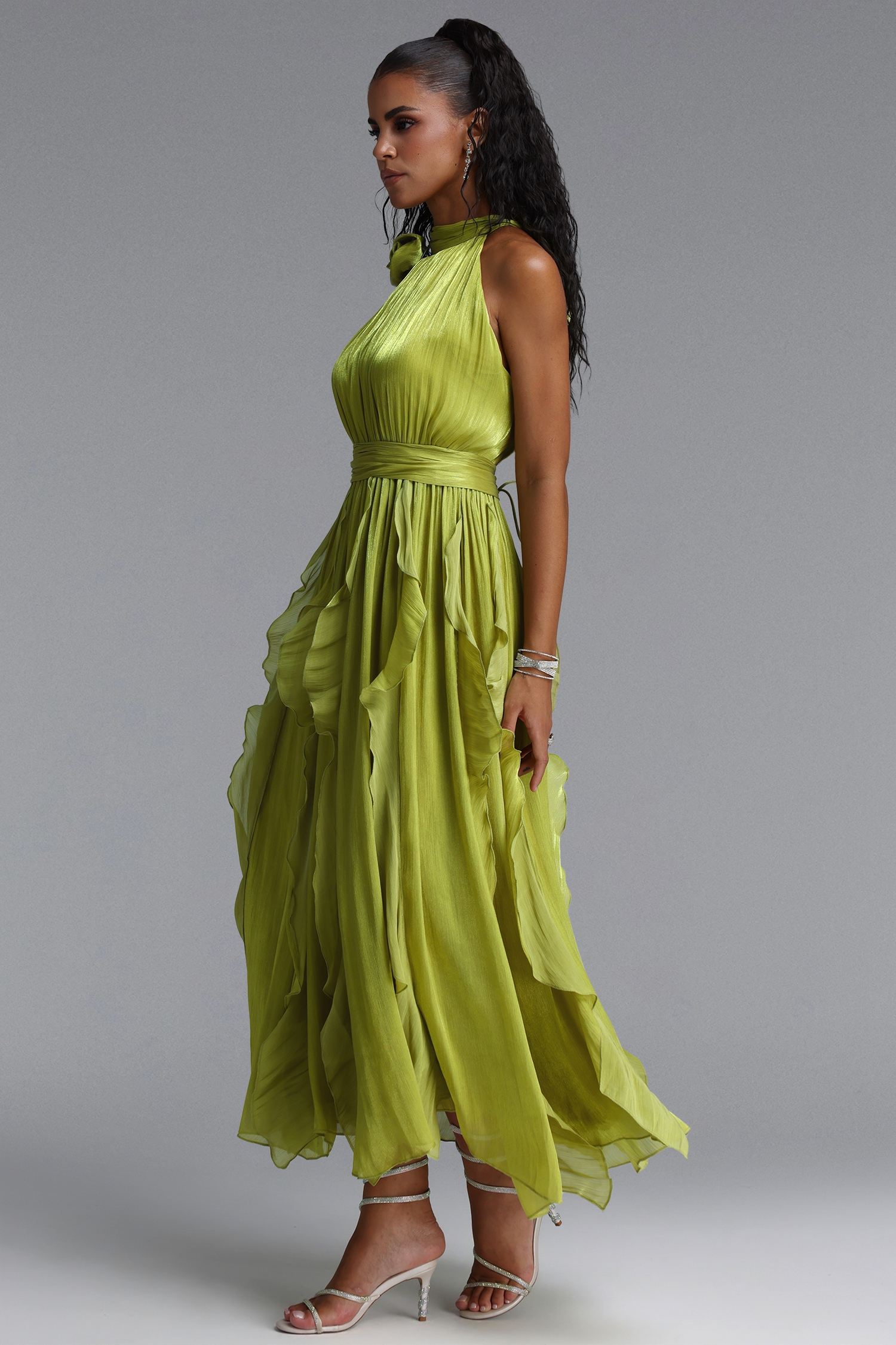 Uano Elegant Halter Rosette Tie Waist Ruffled Maxi Dress