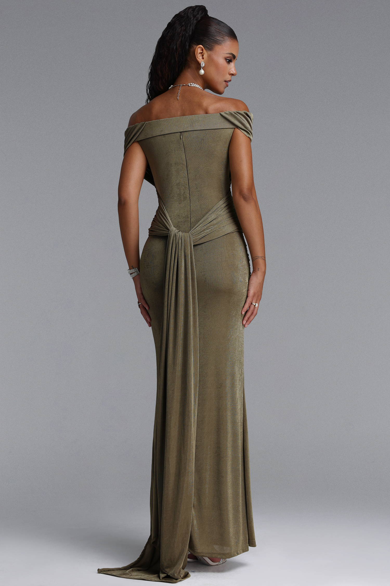 Slaia Minimalist Off Shoulder Diagonal Ruched Knit Maxi Dress