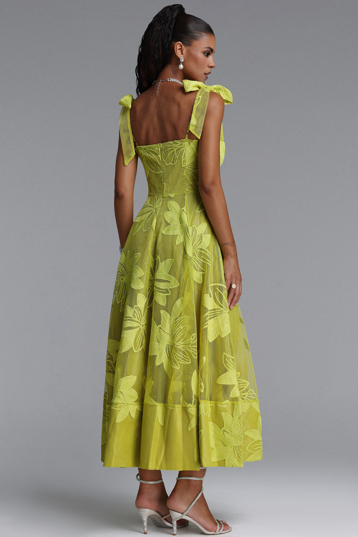 Halli Romantic Spaghetti Strap Bow Floral Embroidered Maxi Dress