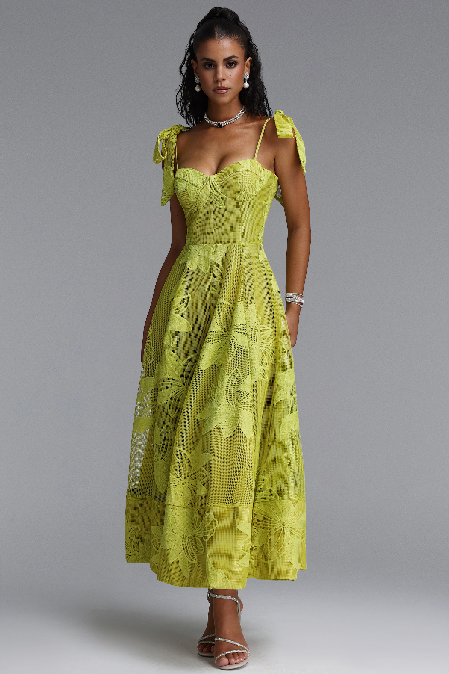Halli Romantic Spaghetti Strap Bow Floral Embroidered Maxi Dress