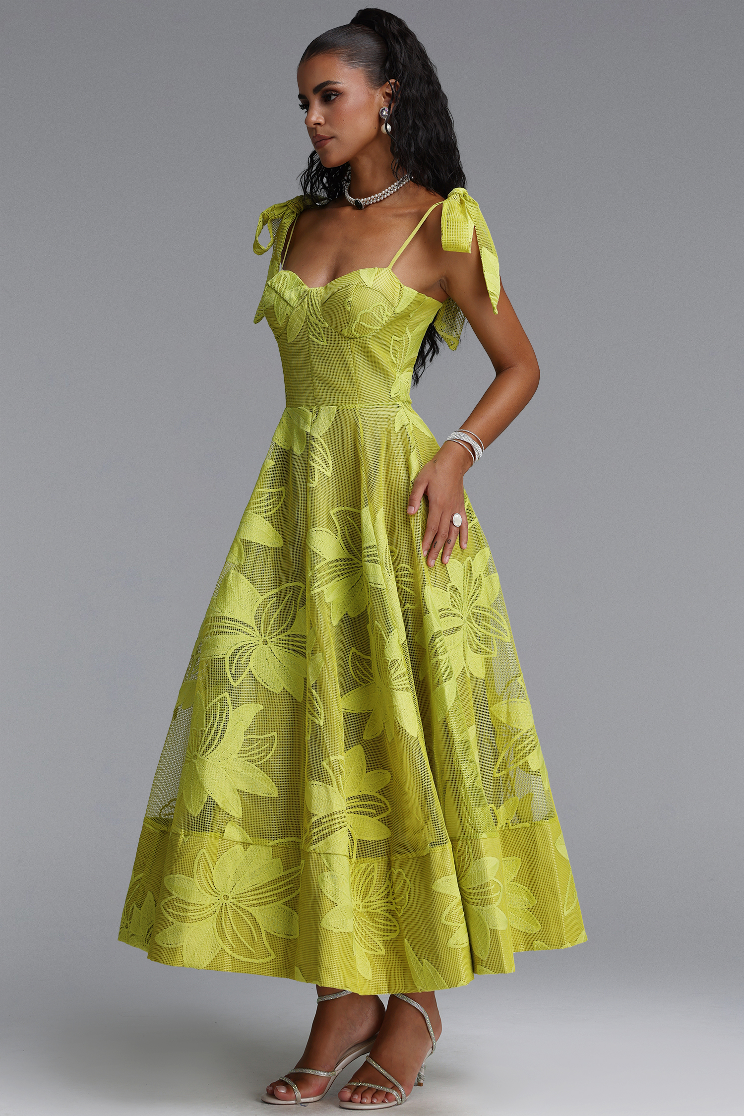 Halli Romantic Spaghetti Strap Bow Floral Embroidered Maxi Dress