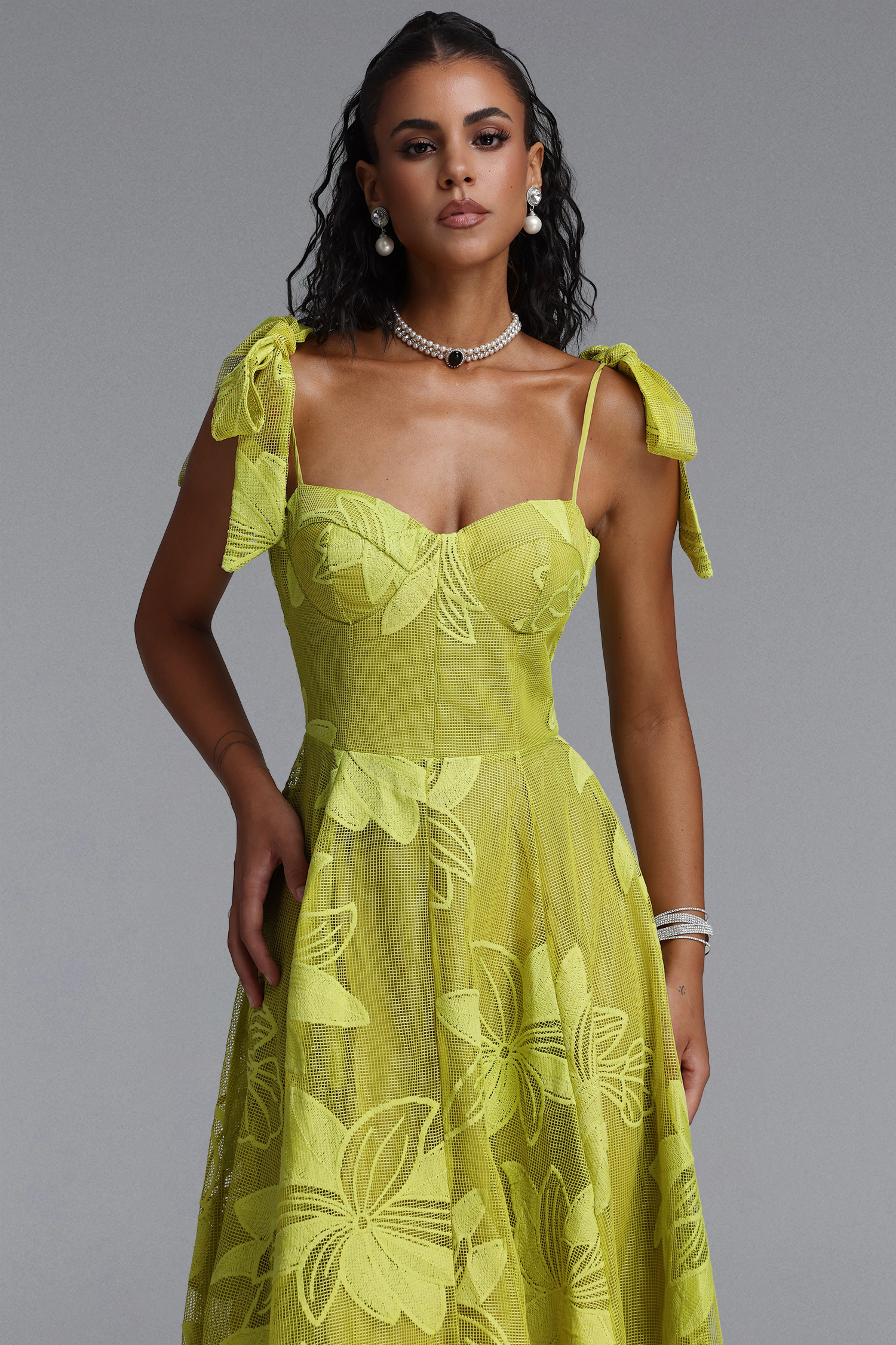 Halli Romantic Spaghetti Strap Bow Floral Embroidered Maxi Dress