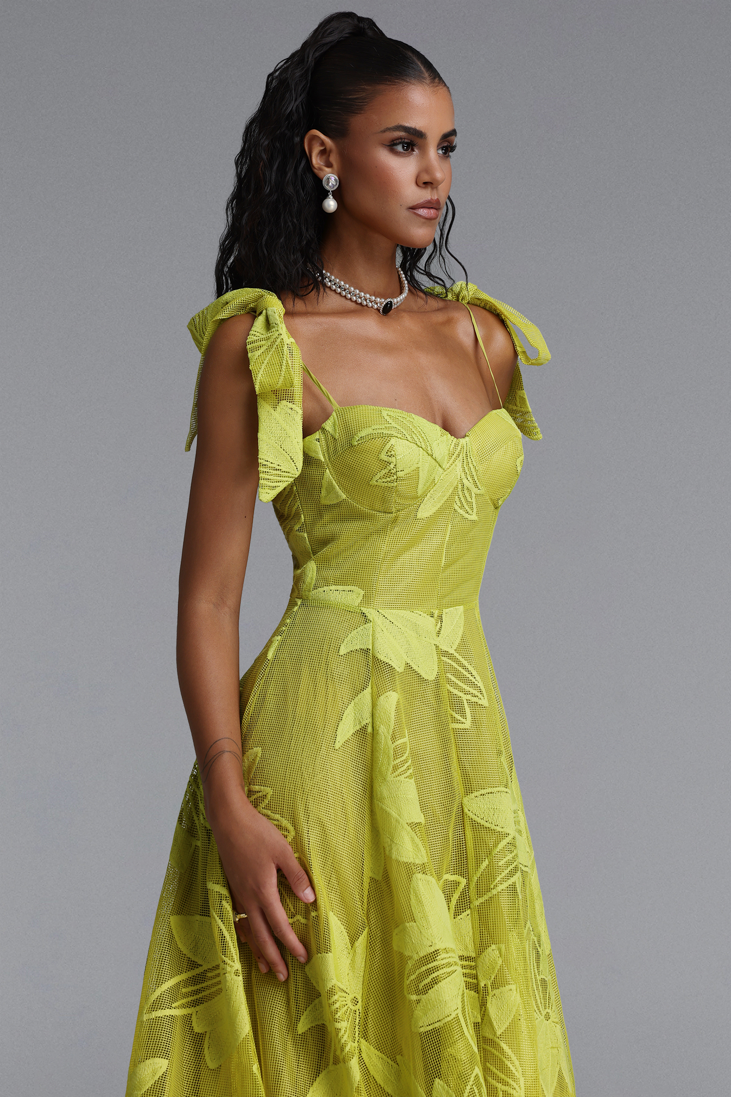 Halli Romantic Spaghetti Strap Bow Floral Embroidered Maxi Dress