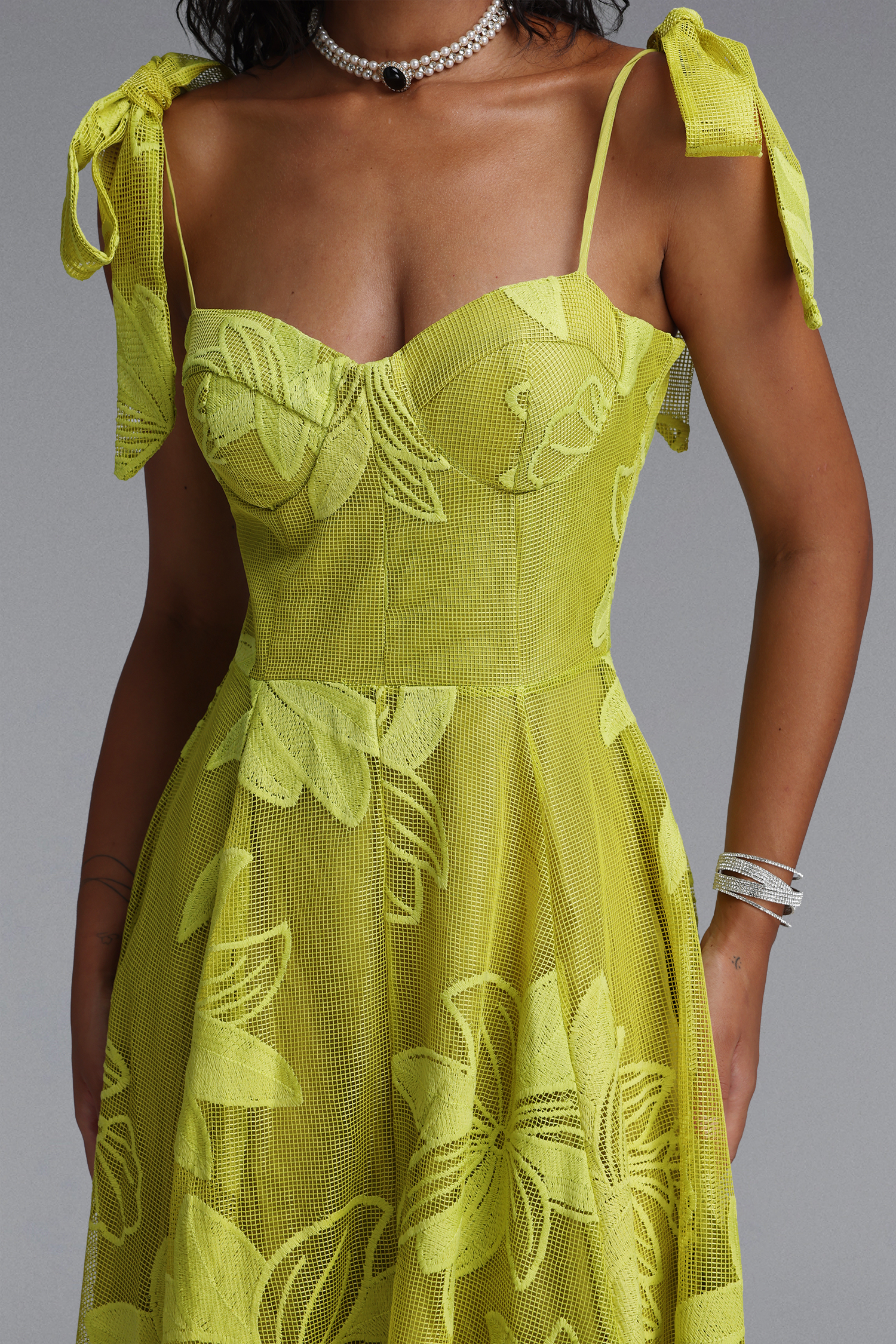 Halli Romantic Spaghetti Strap Bow Floral Embroidered Maxi Dress