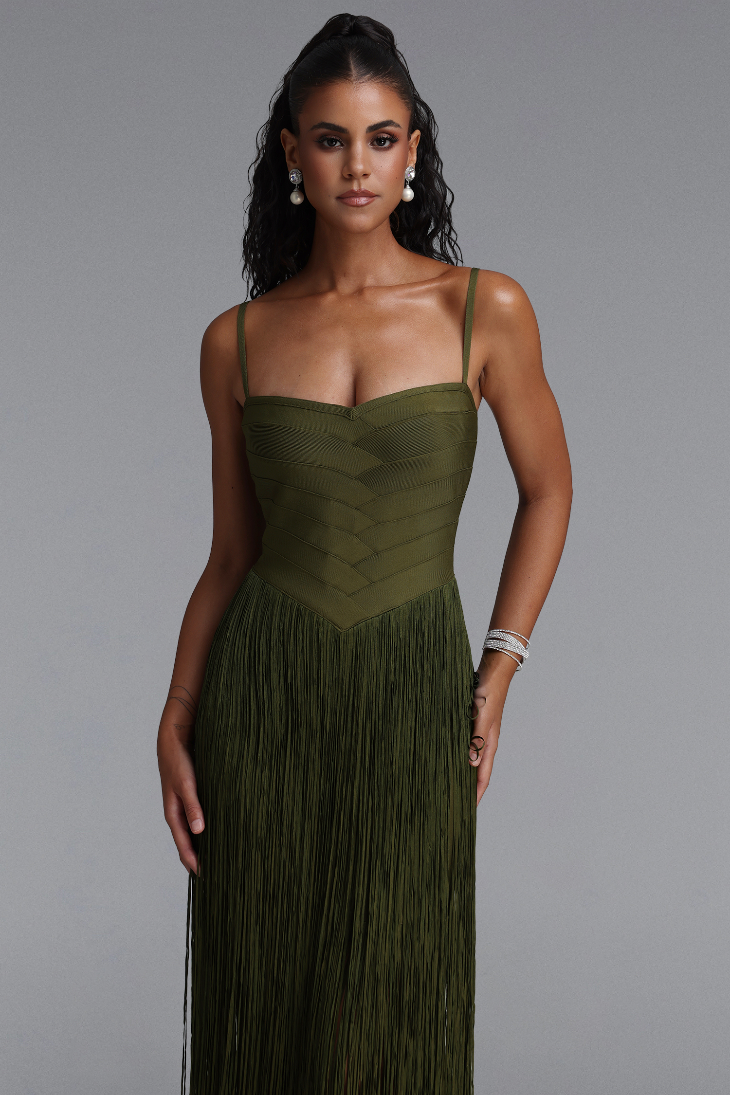 Vallea Classic Spaghetti Strap V Neck Tassel Bandage Maxi Dress