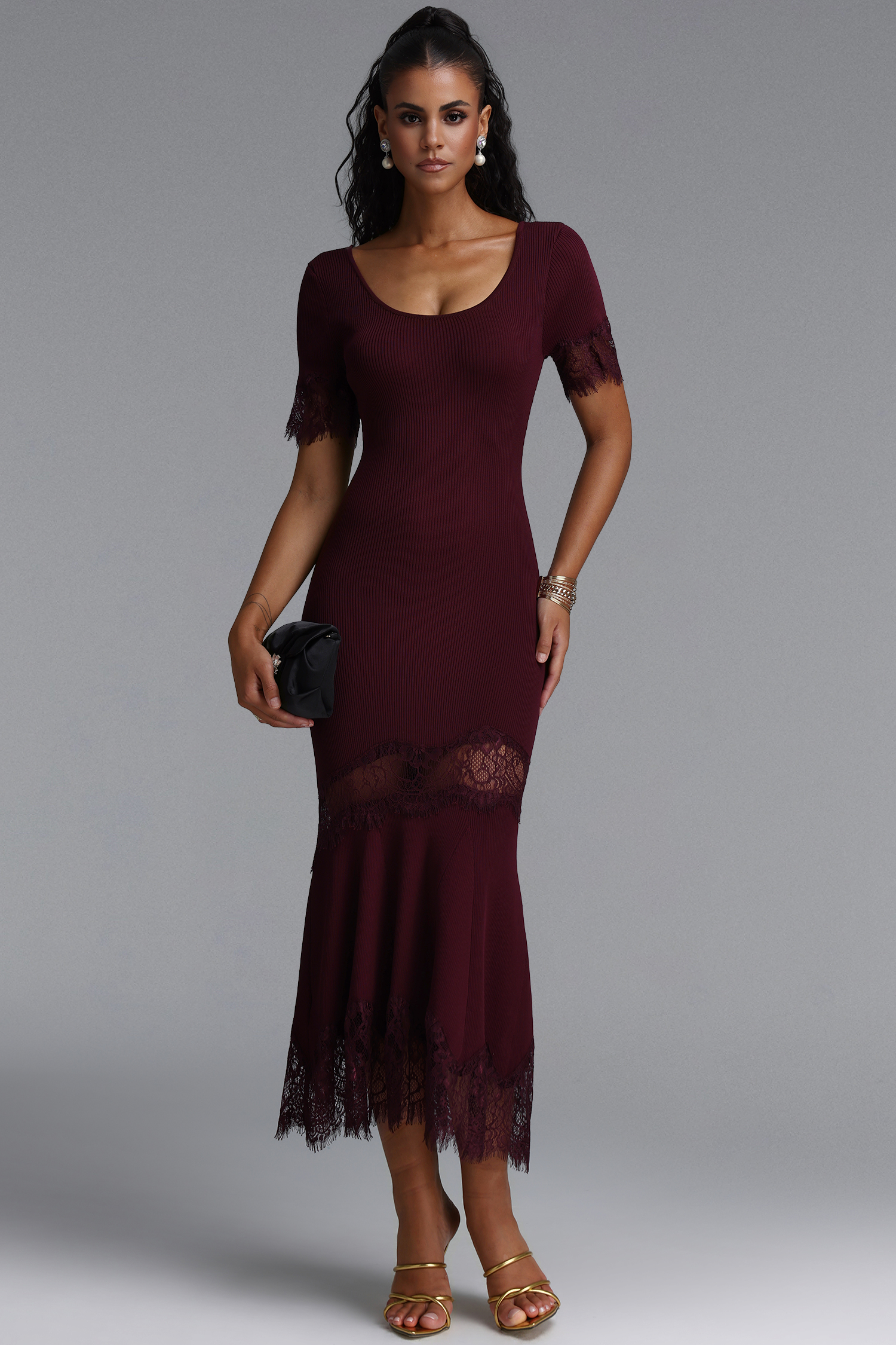 Lexi Vintage Romantic U Neck Lace Panel Knit Maxi Dress