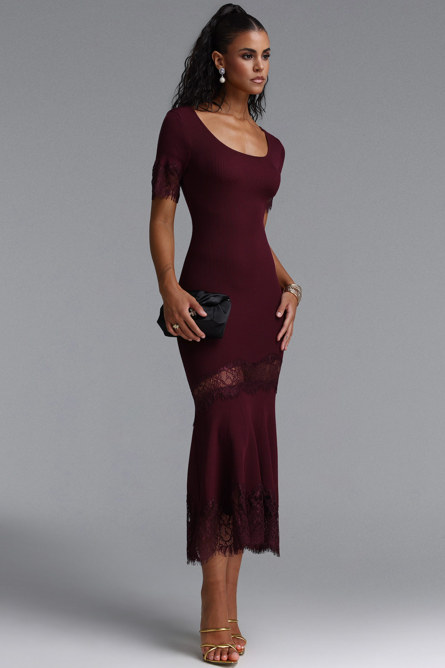 Lexi Vintage Romantic U Neck Lace Panel Knit Maxi Dress