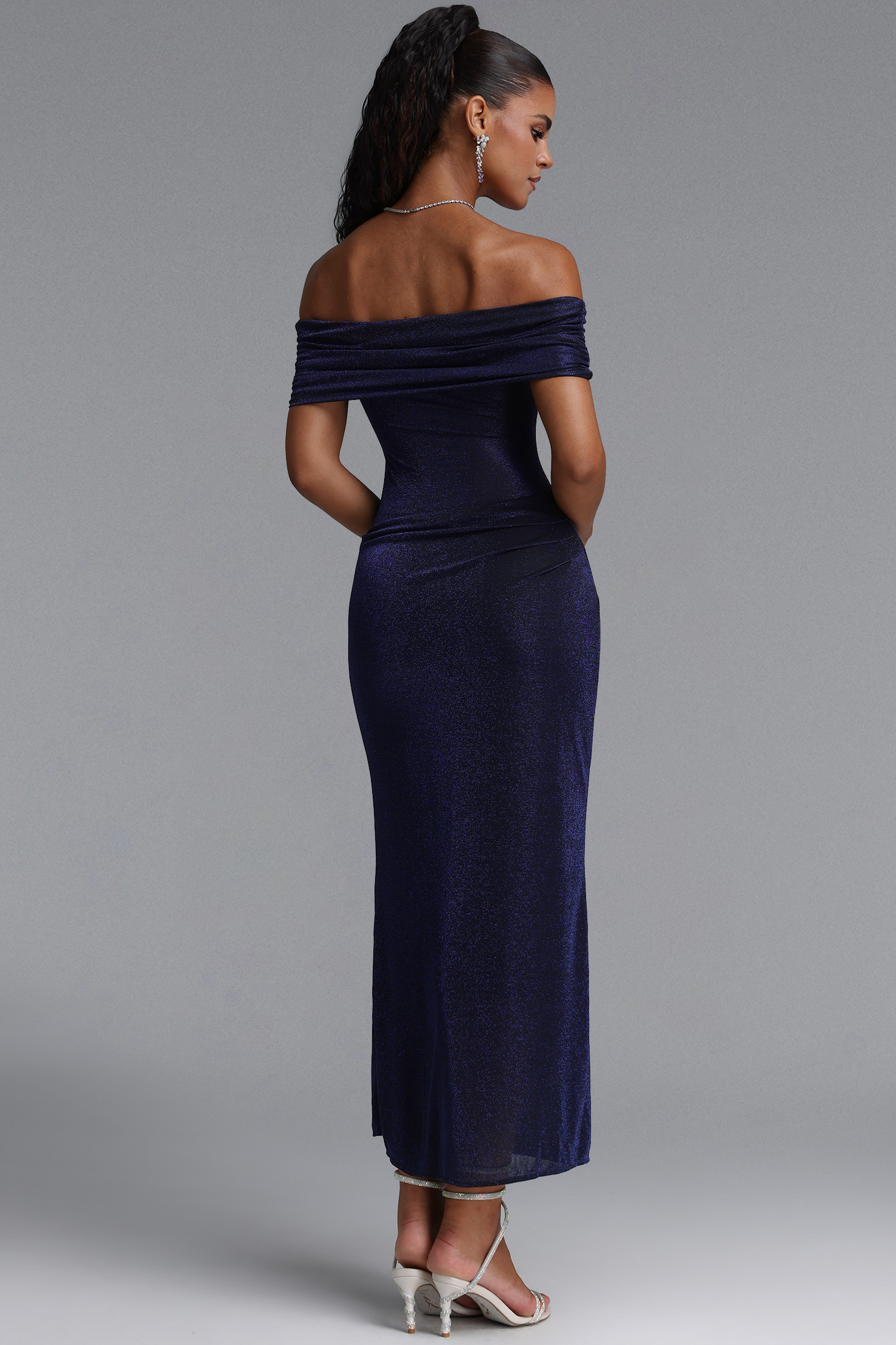 Salacia Classic Off Shoulder Draped Ruched Shimmer Knit Maxi Dress