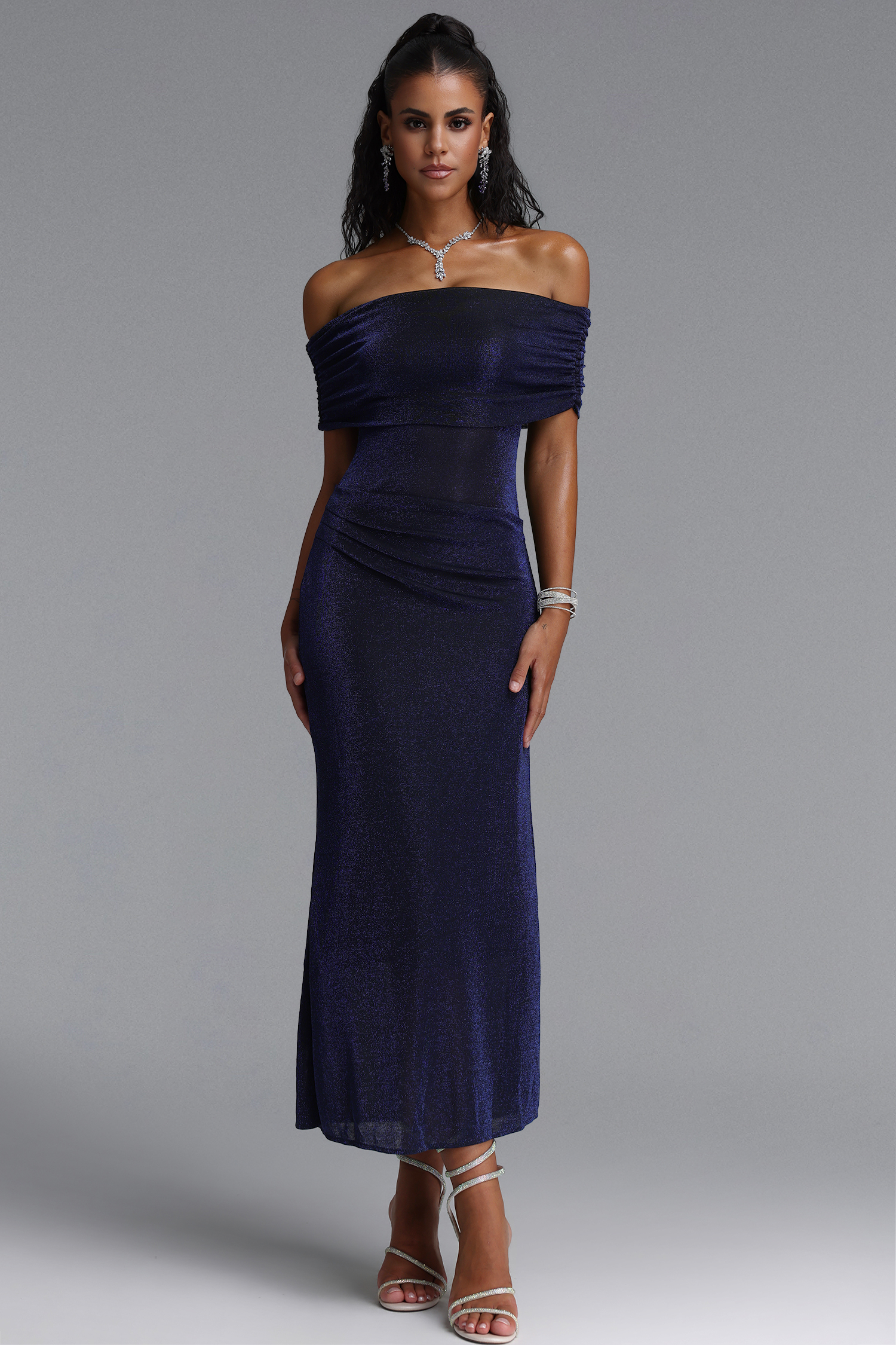 Salacia Classic Off Shoulder Draped Ruched Shimmer Knit Maxi Dress