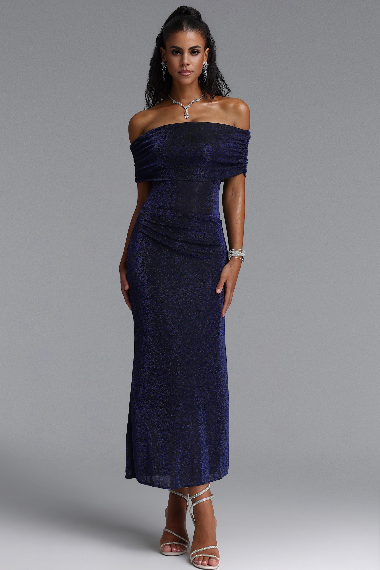 Salacia Classic Off Shoulder Draped Ruched Shimmer Knit Maxi Dress