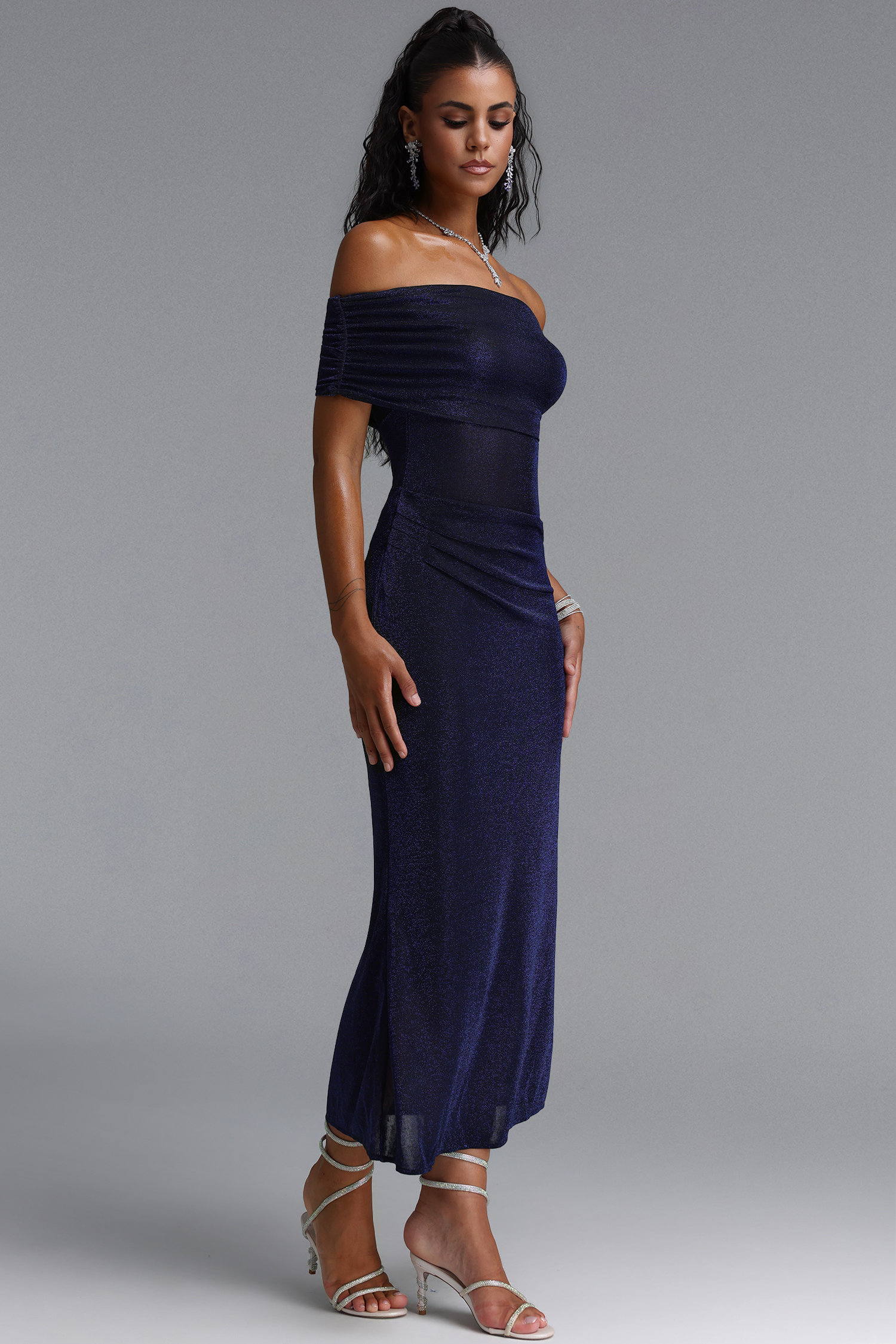 Salacia Classic Off Shoulder Draped Ruched Shimmer Knit Maxi Dress