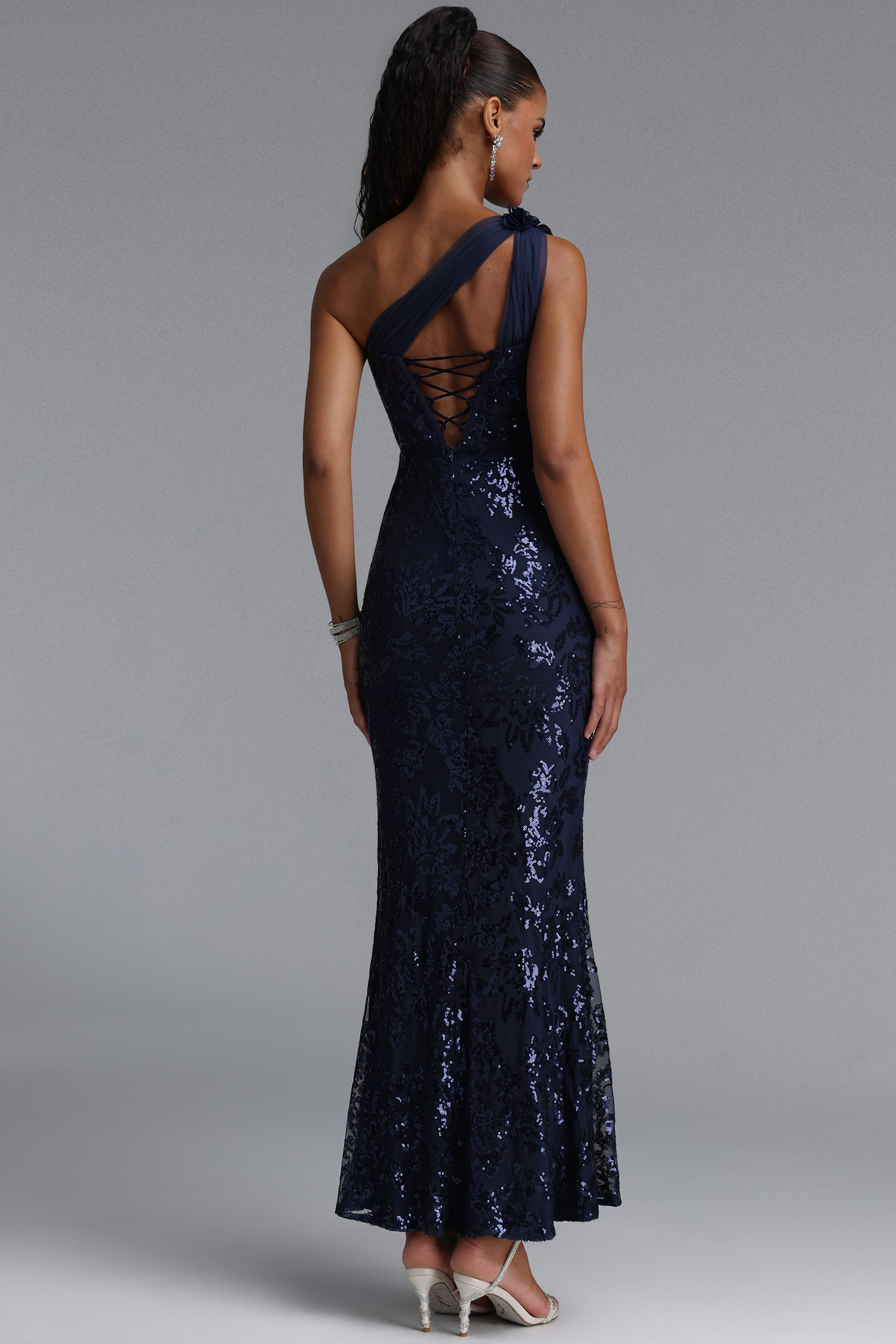 Vafa Elegant One Shoulder Mesh Floral Sequin Mermaid Maxi Dress