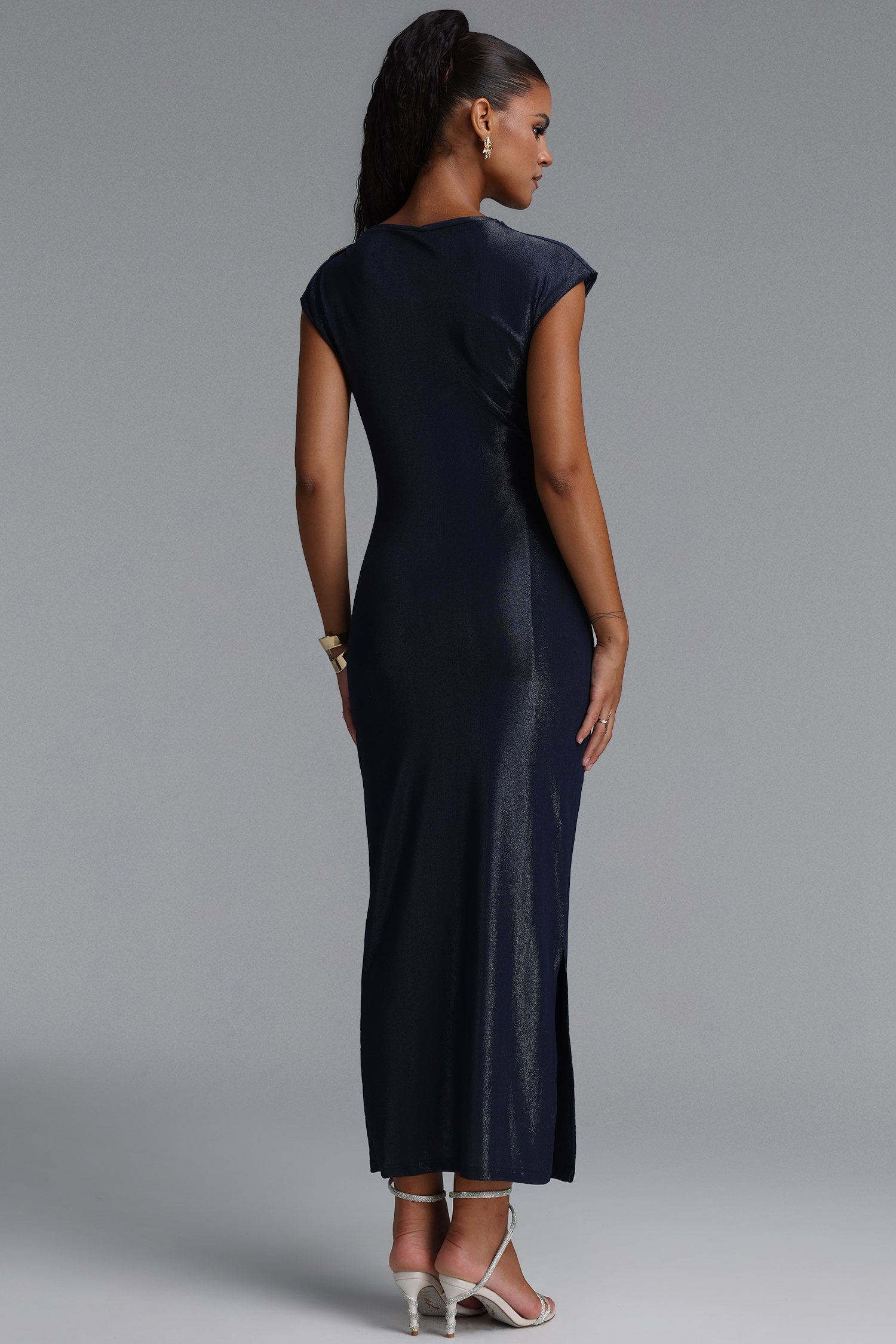 Denali Chic Contour Glitter Pleated Metal Decor DarkBlue Maxi Dress