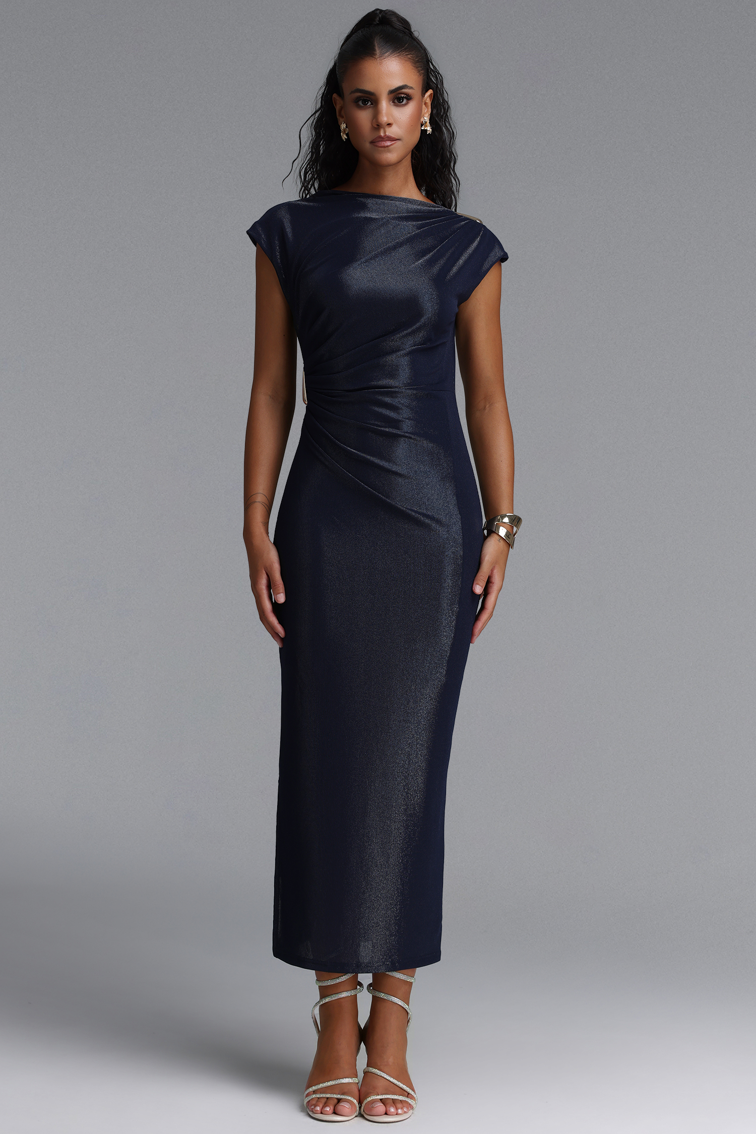 Denali Chic Contour Glitter Pleated Metal Decor DarkBlue Maxi Dress