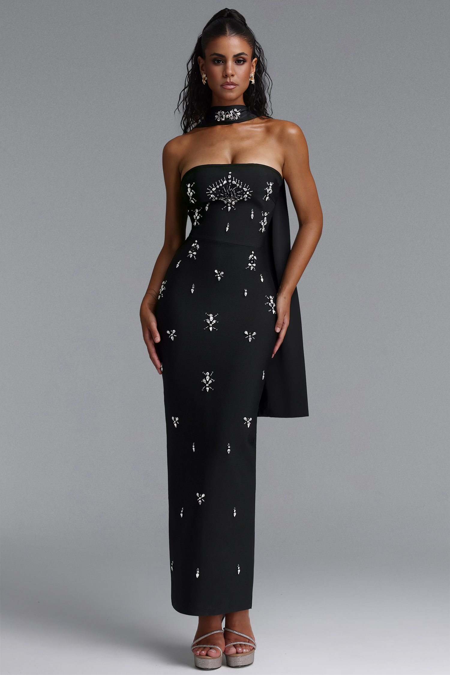 Eurien Glamorous Contour Strapless Floral Bandage Maxi Dress