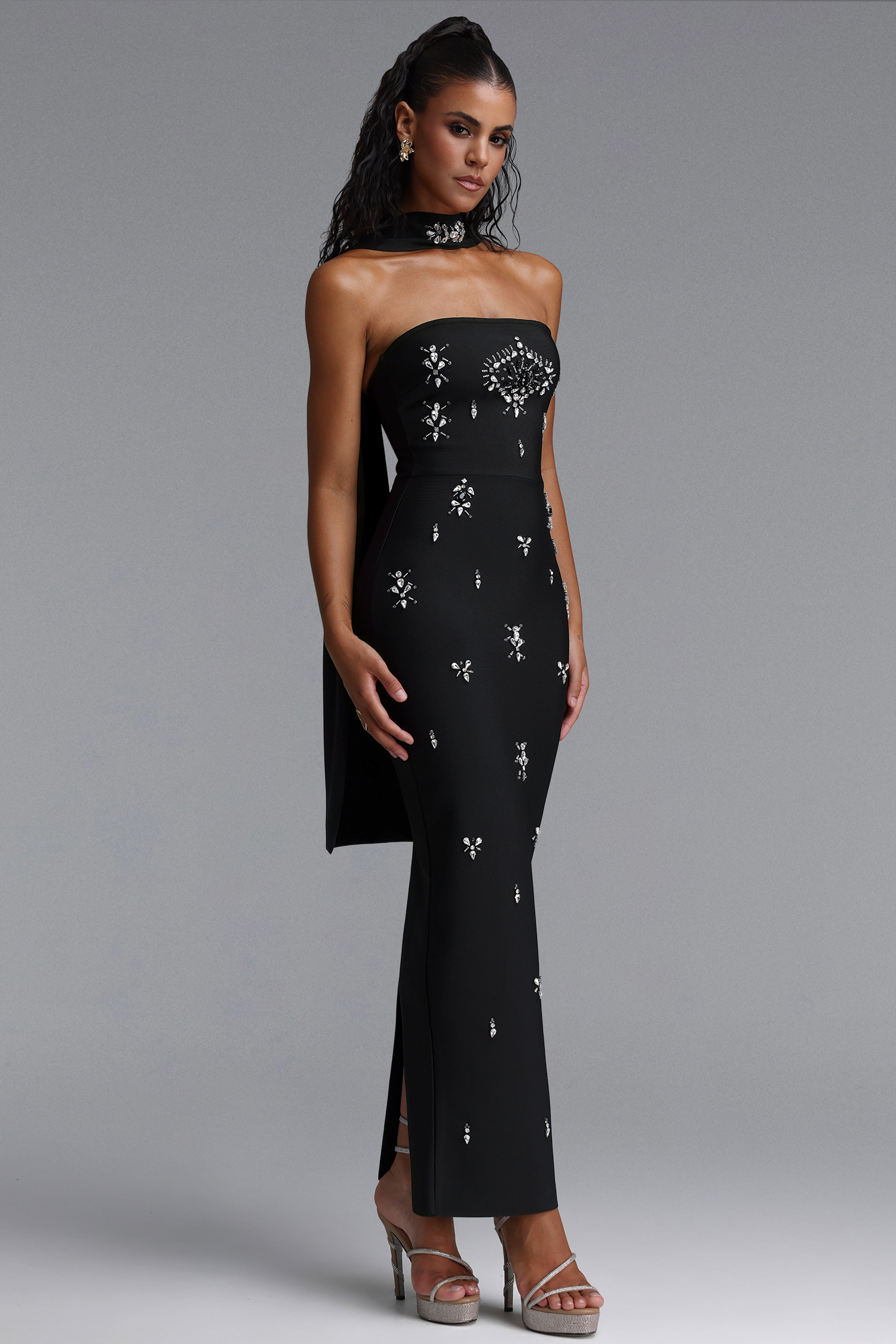 Eurien Glamorous Contour Strapless Floral Bandage Maxi Dress
