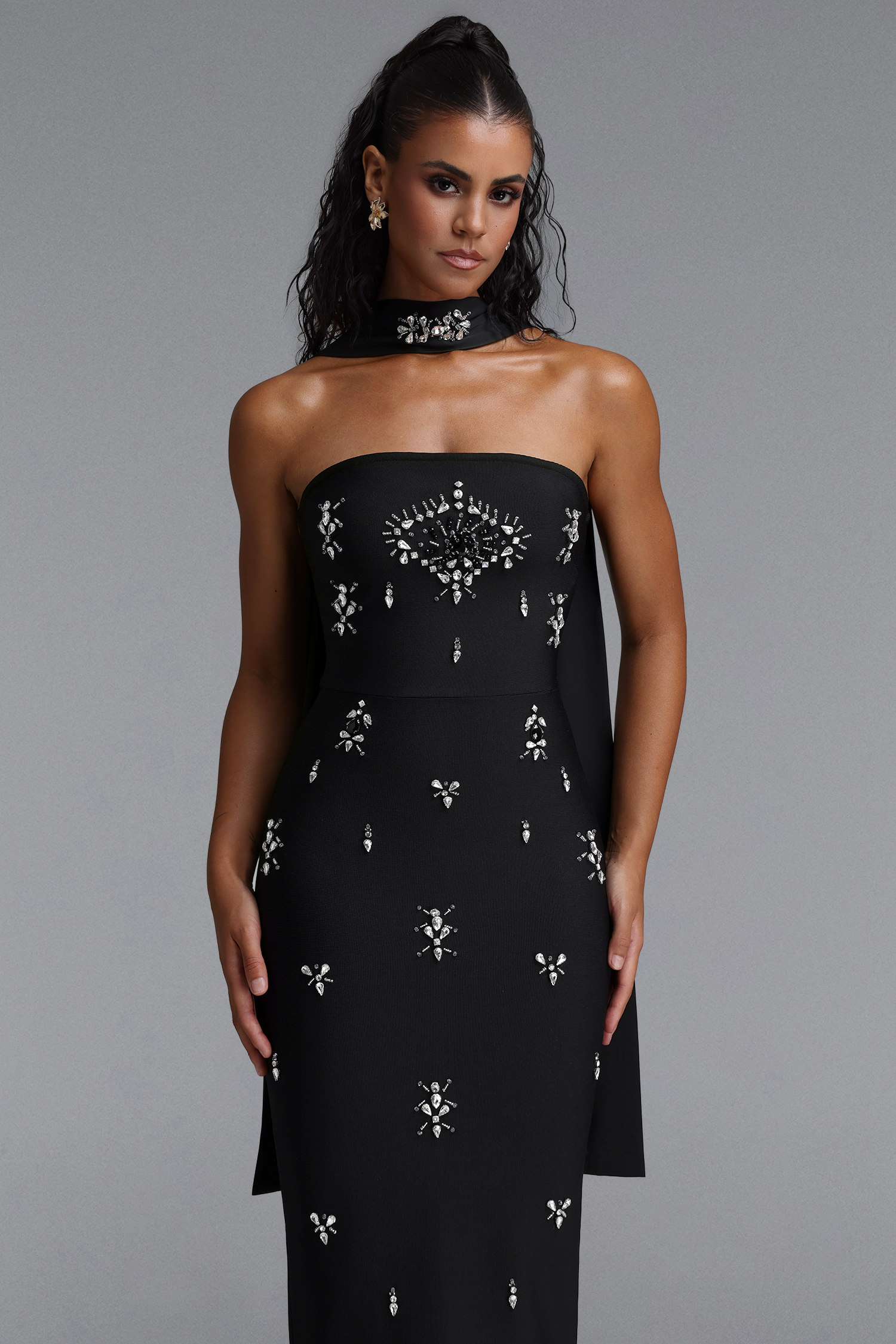 Eurien Glamorous Contour Strapless Floral Bandage Maxi Dress