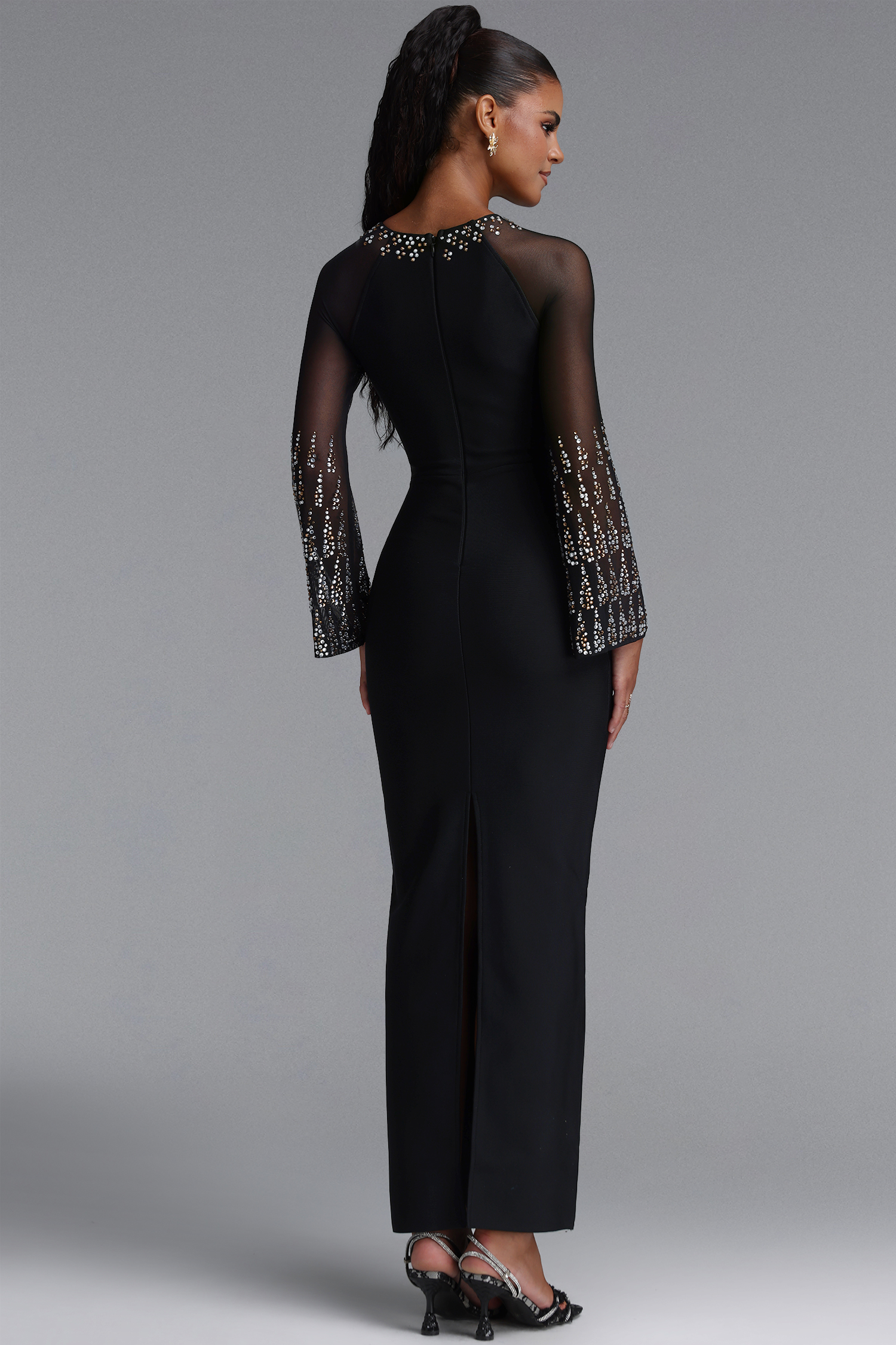 Saloiy Glam Rhinestone Mesh Sleeve Bandage Maxi Dress