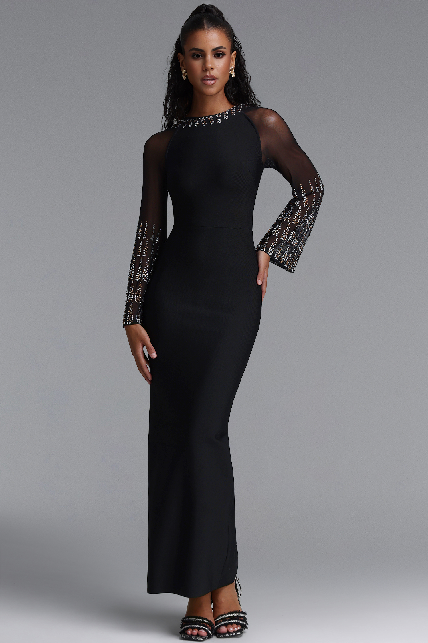 Saloiy Glam Rhinestone Mesh Sleeve Bandage Maxi Dress