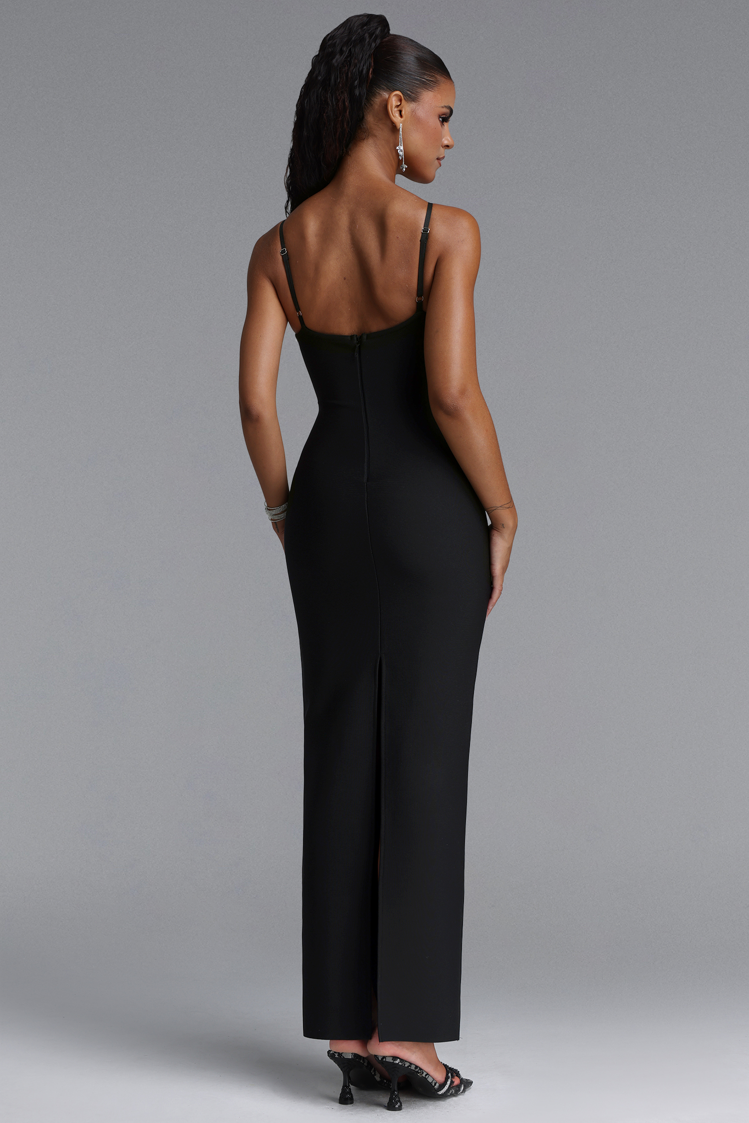 Mota Romantic Contour Halter V Neck Rhinestone Bandage Black Maxi Dress