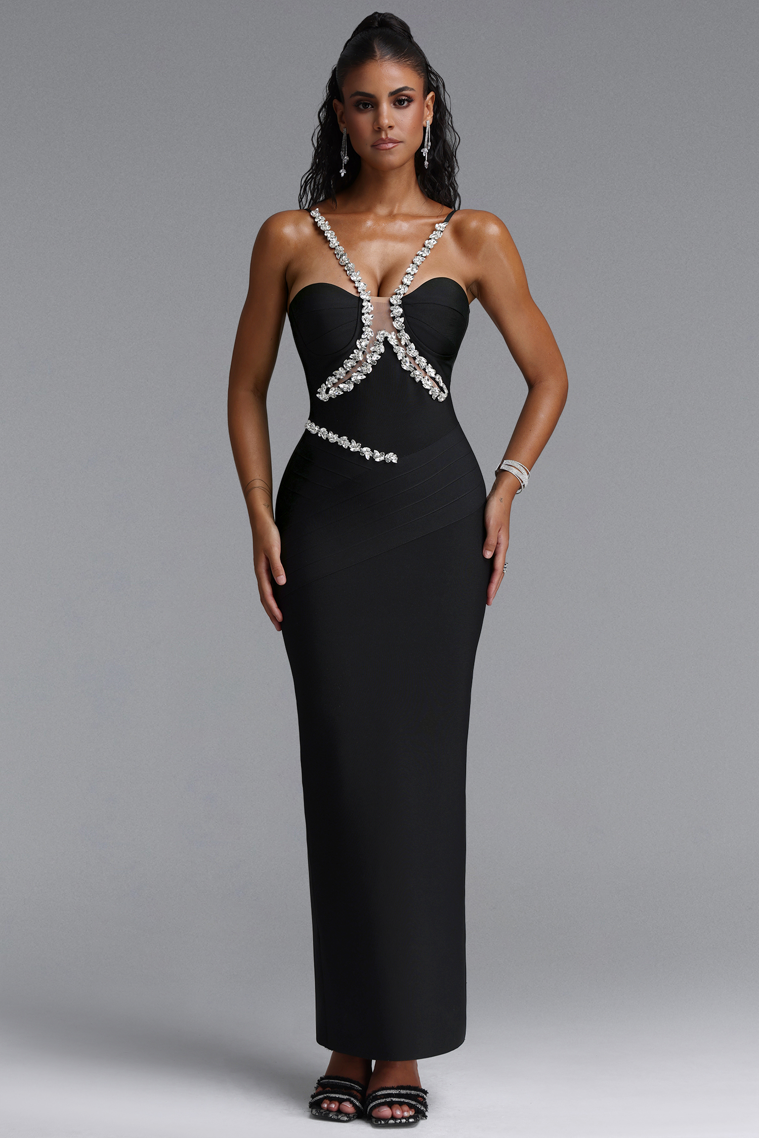 Mota Romantic Contour Halter V Neck Rhinestone Bandage Black Maxi Dress