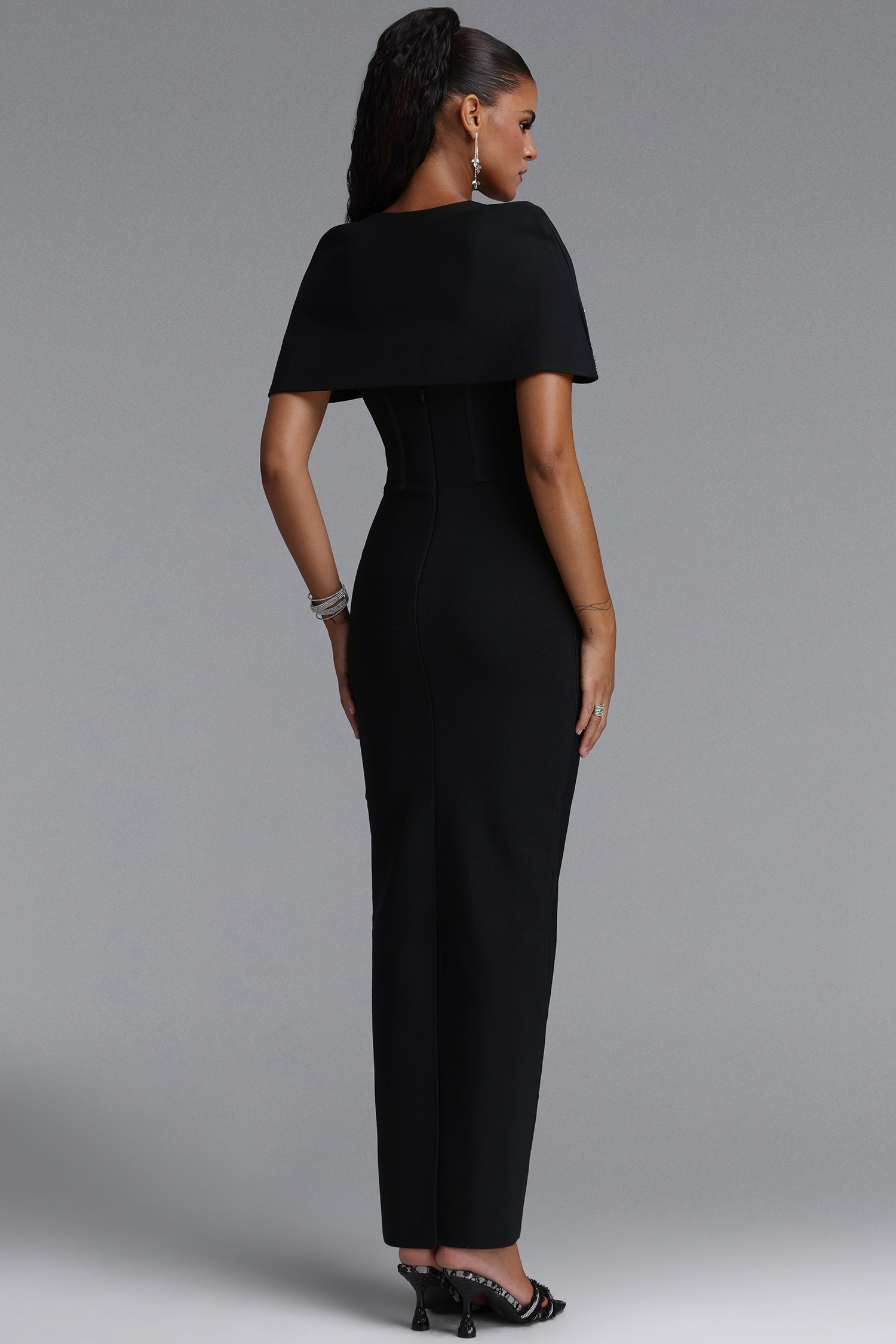 Frances Elegant Contour Rhinestone Shawl Strapless Black Bandage Maxi Dress Set