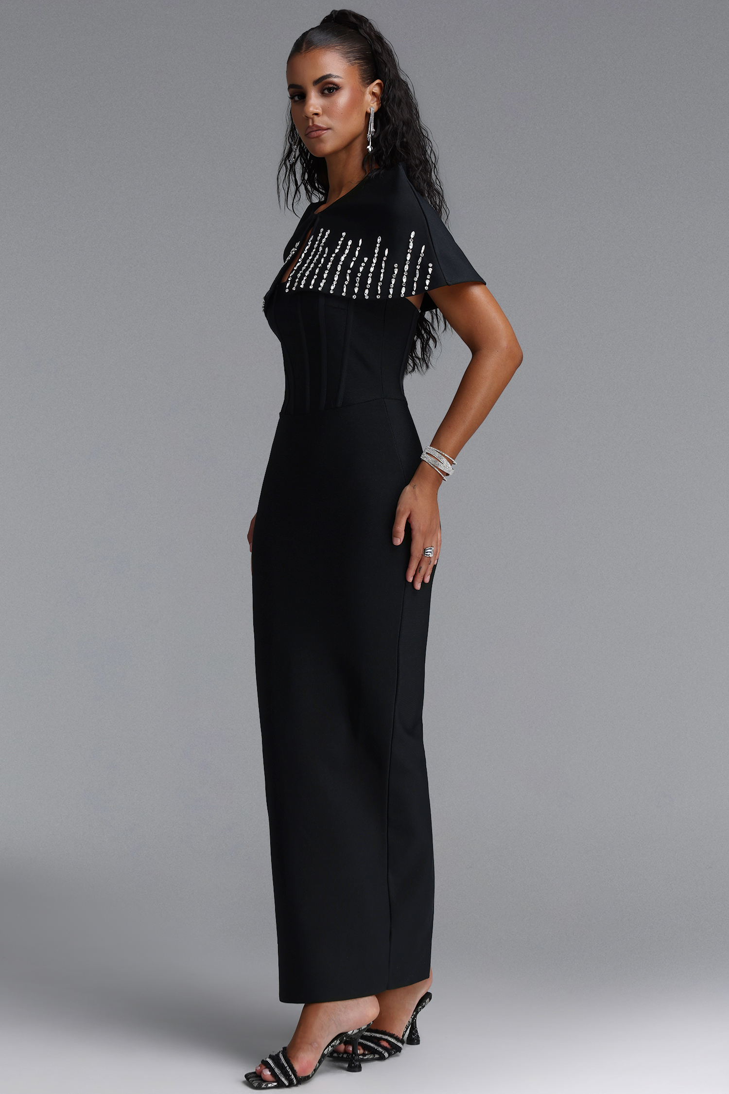 Frances Elegant Contour Rhinestone Shawl Strapless Black Bandage Maxi Dress Set