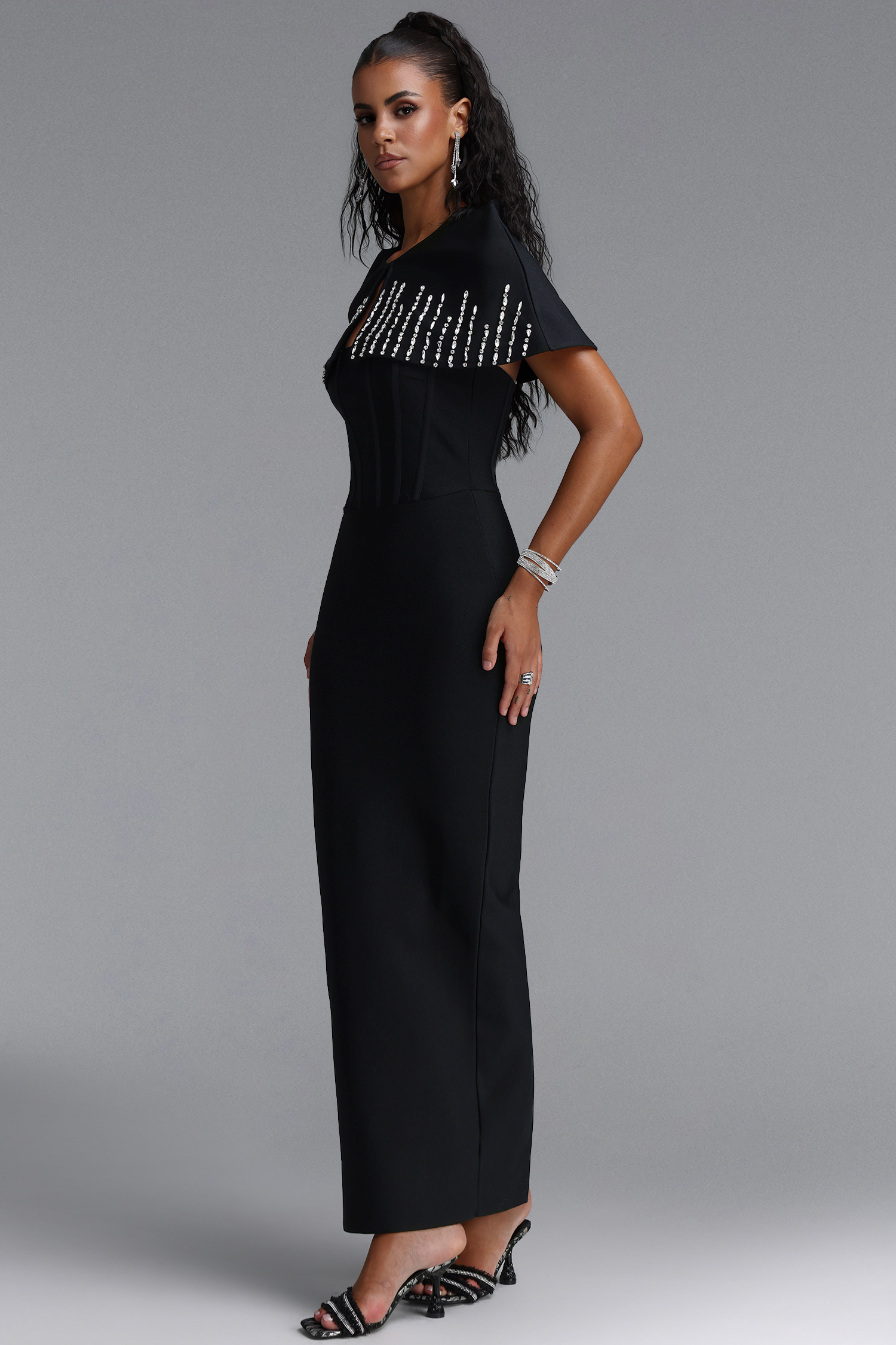 Frances Elegant Contour Rhinestone Shawl Strapless Black Bandage Maxi Dress Set