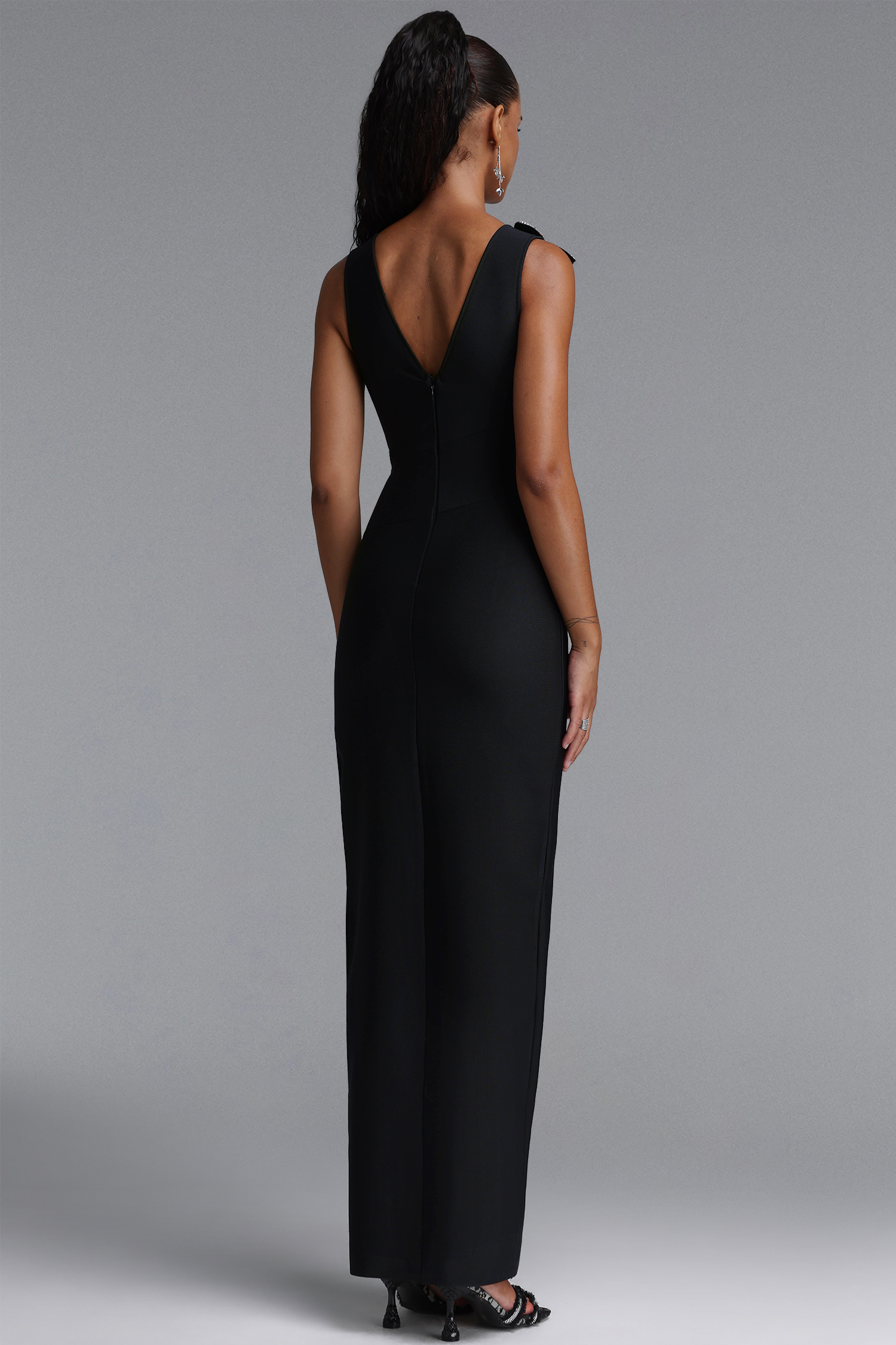 Eren Sexy V Neck Sleeveless Ruched Floral High Slit Bandage Maxi Dress