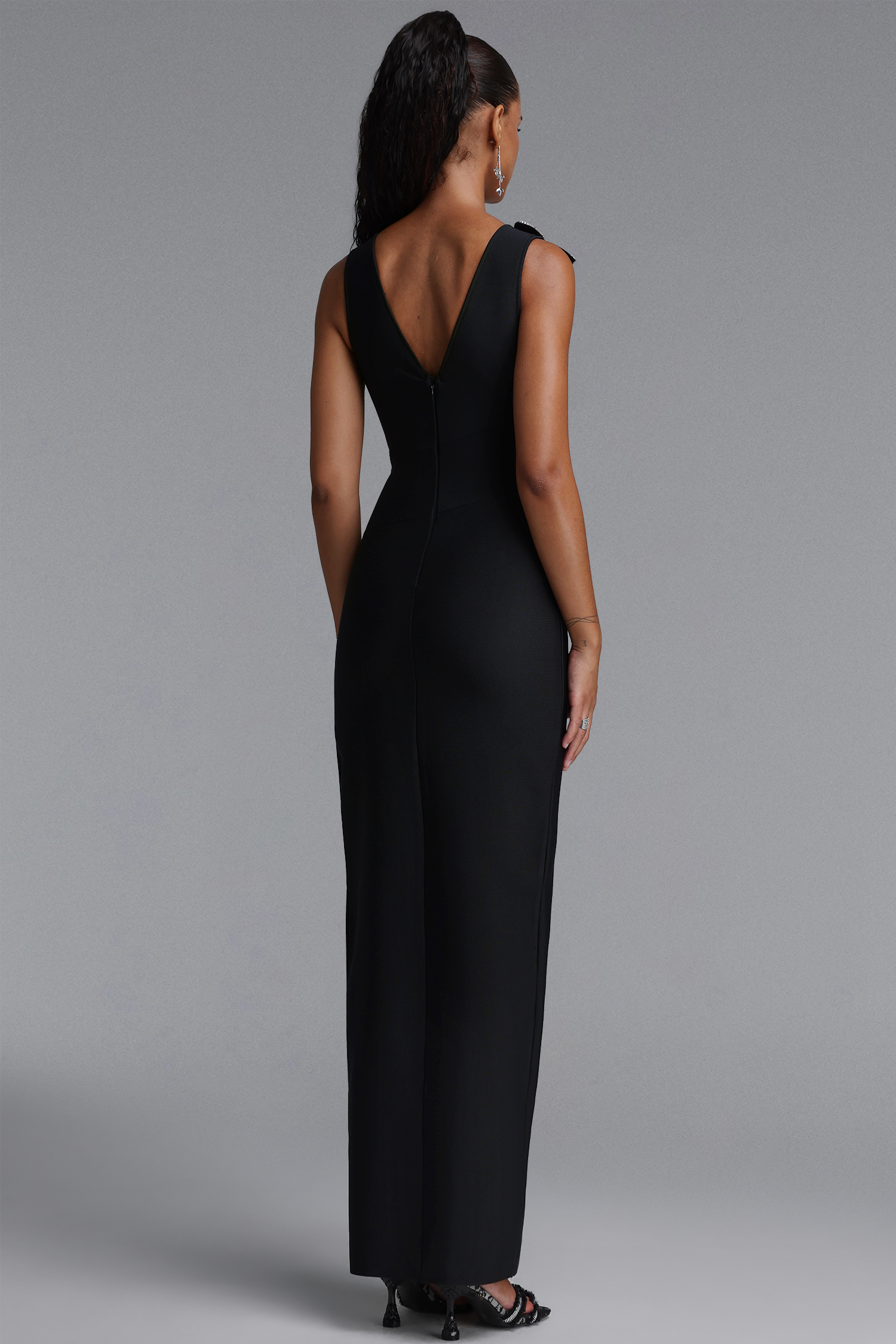 Eren Sexy V Neck Sleeveless Ruched Floral High Slit Bandage Maxi Dress