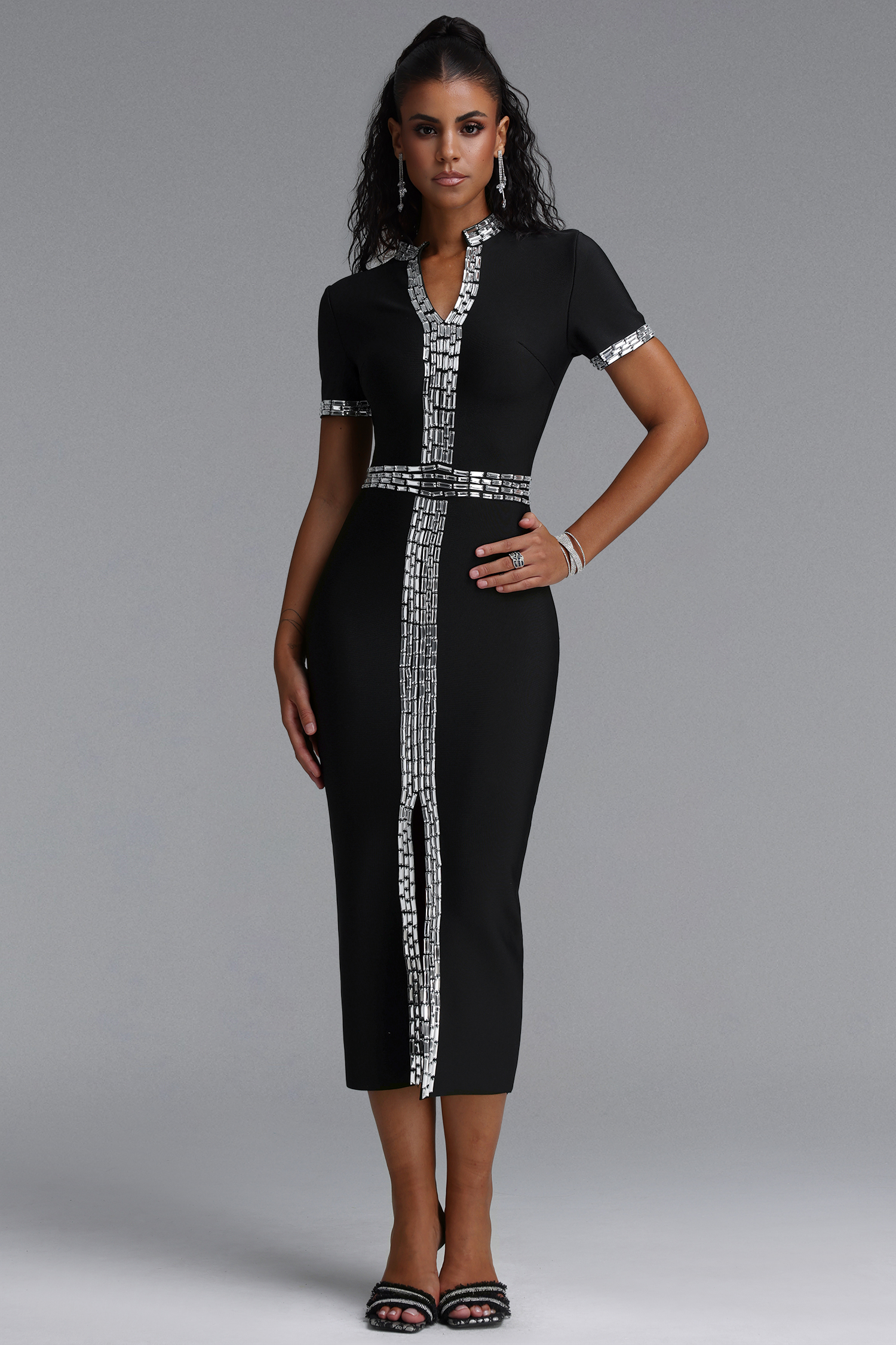Elosie Classic Short Sleeve Rhinestone Slit Bandage Midi Dress